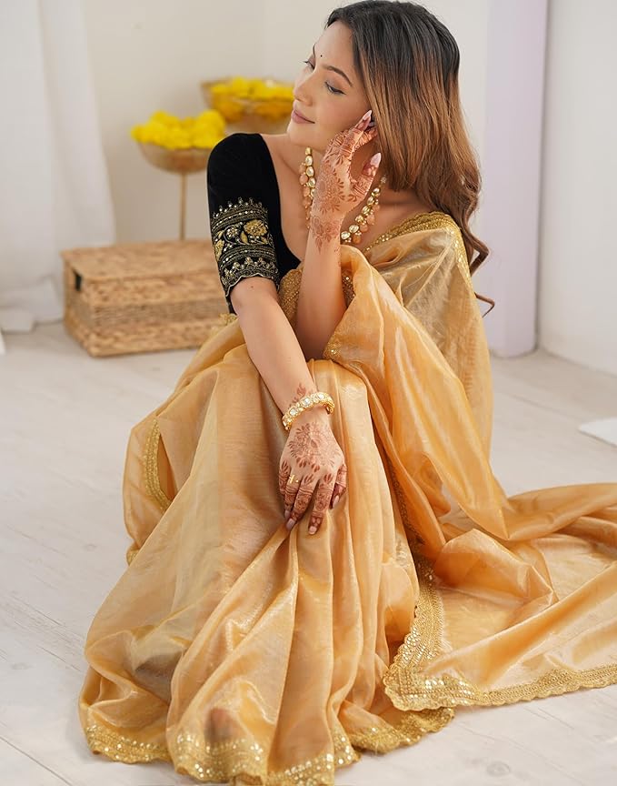 SIRIL Women's Shimmer Net Sequence Embroidery Lace Saree for With Unstitched Blouse Piece