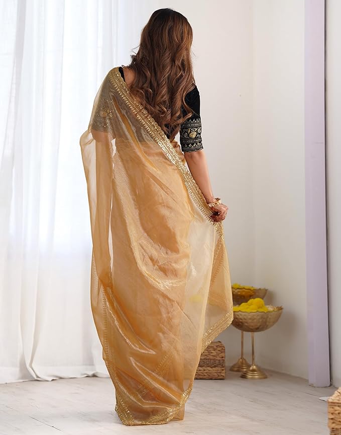 SIRIL Women's Shimmer Net Sequence Embroidery Lace Saree for With Unstitched Blouse Piece