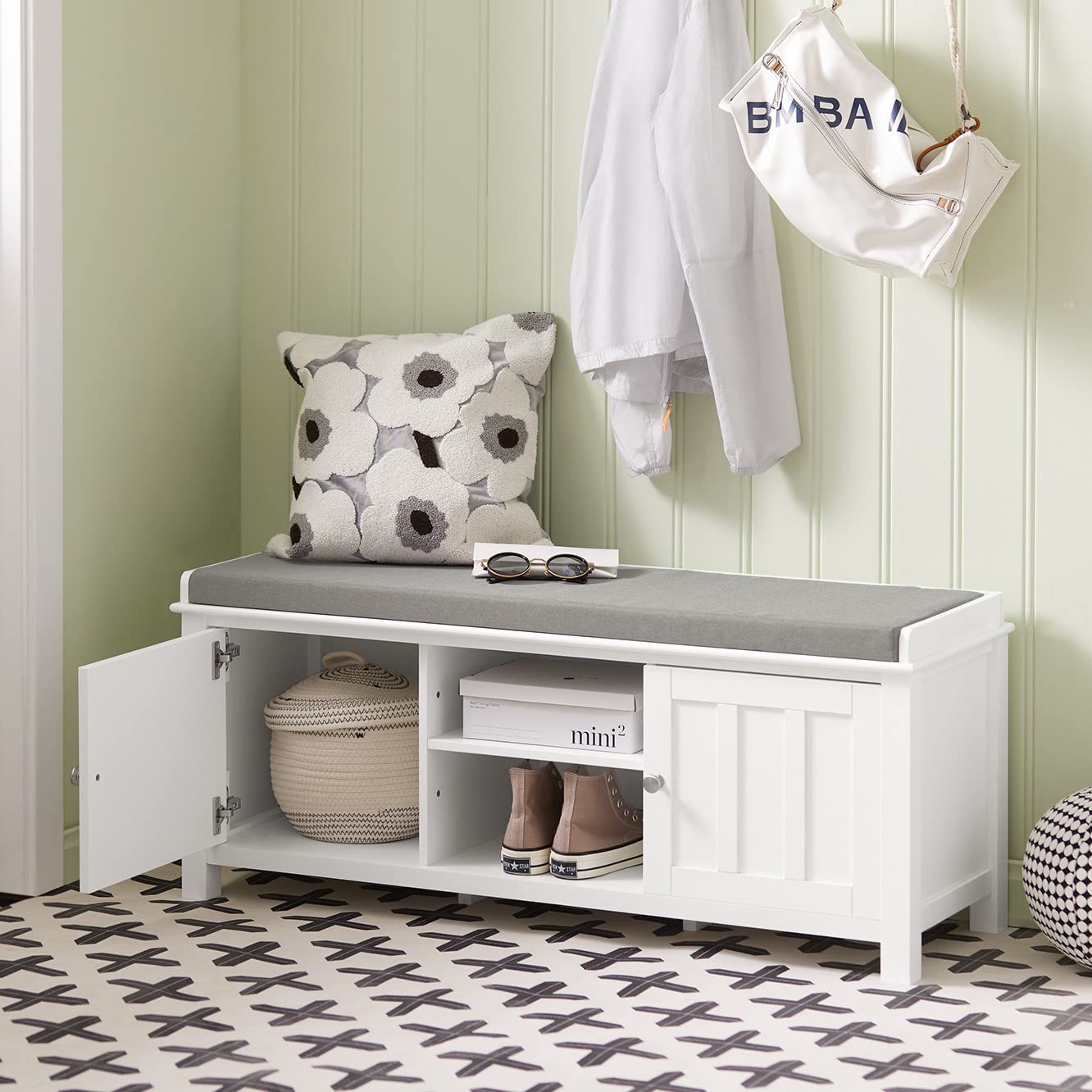 White hallway bench with storage