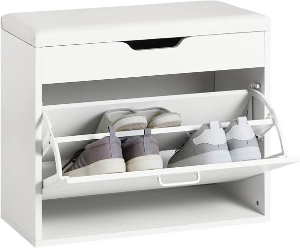 White Shoe Storage Cabinet with Cushioned Seat