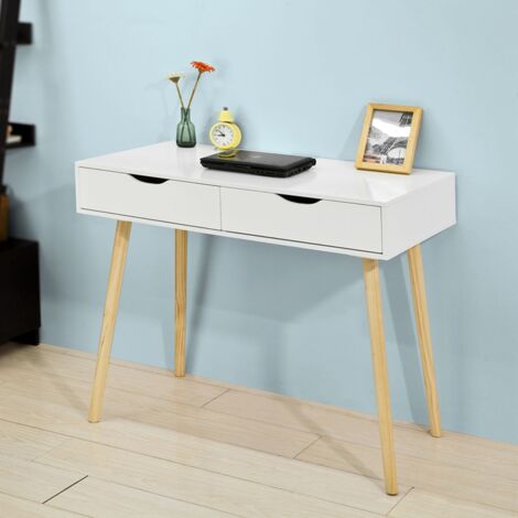 Modern White Desk with Wooden Legs