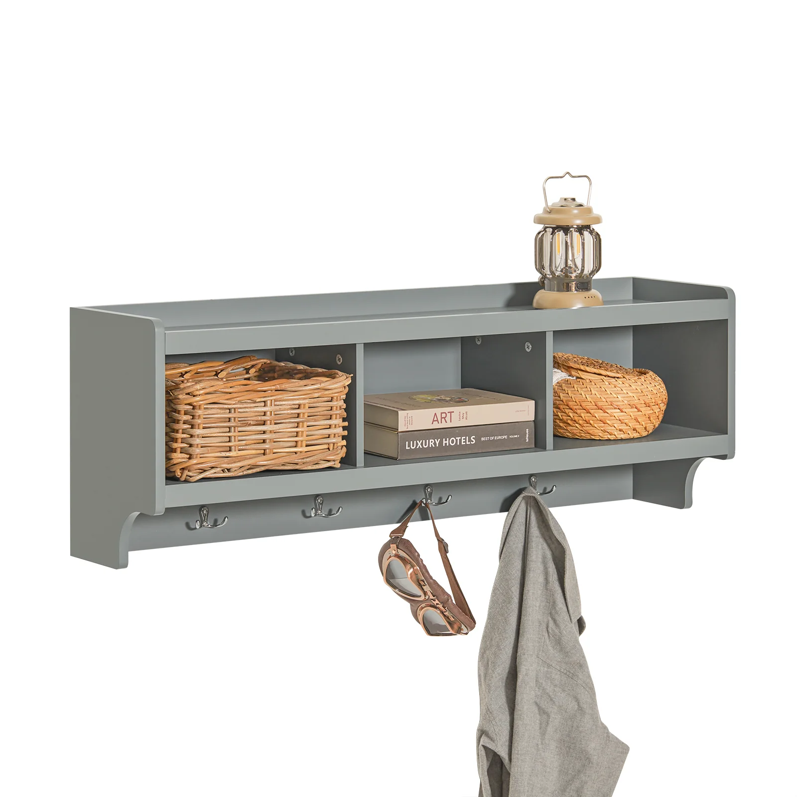 Wall-mounted entryway shelf with hooks