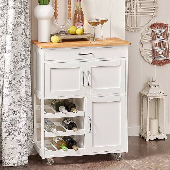 White Kitchen Cart with Wooden Top