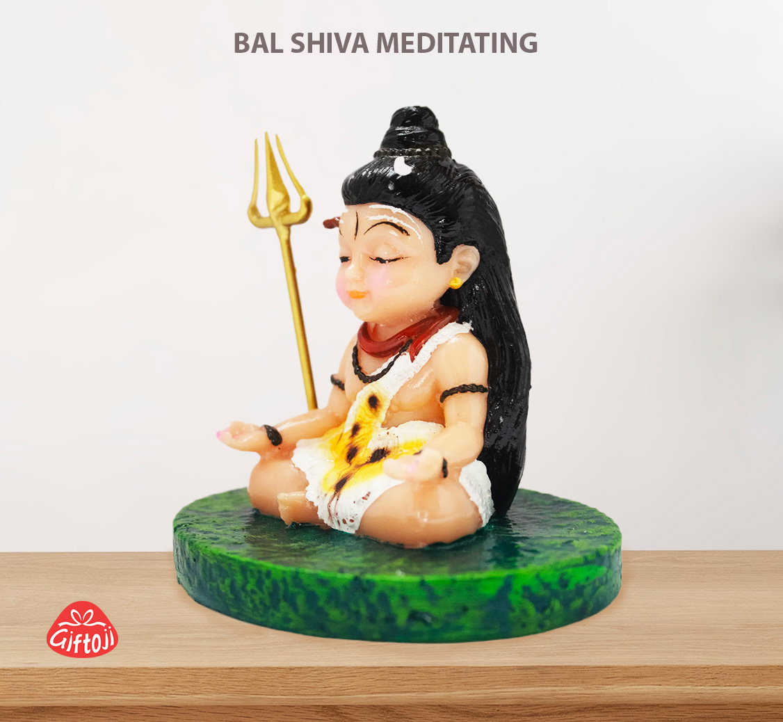 Bal Shiva Meditating Idol – 8.5 cm Resin Statue with Trishul for Home Temple, Office & Car Dashboard