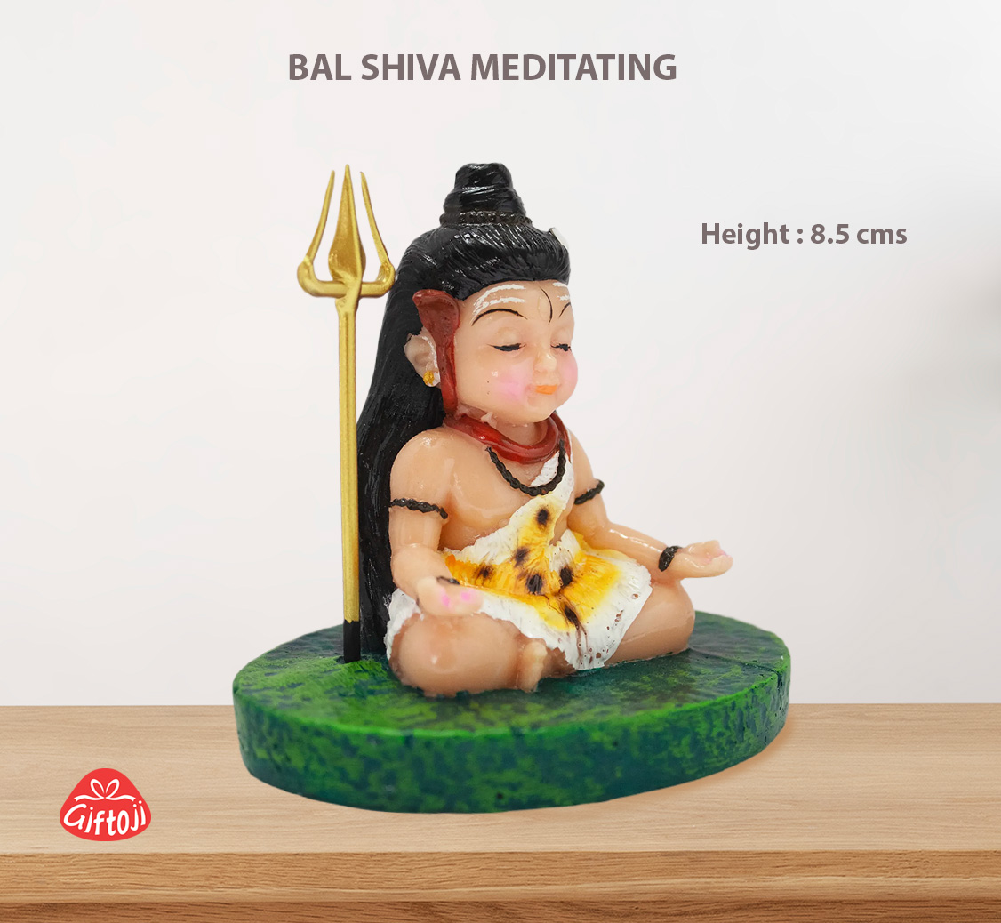 Bal Shiva Meditating Idol – 8.5 cm Resin Statue with Trishul for Home Temple, Office & Car Dashboard