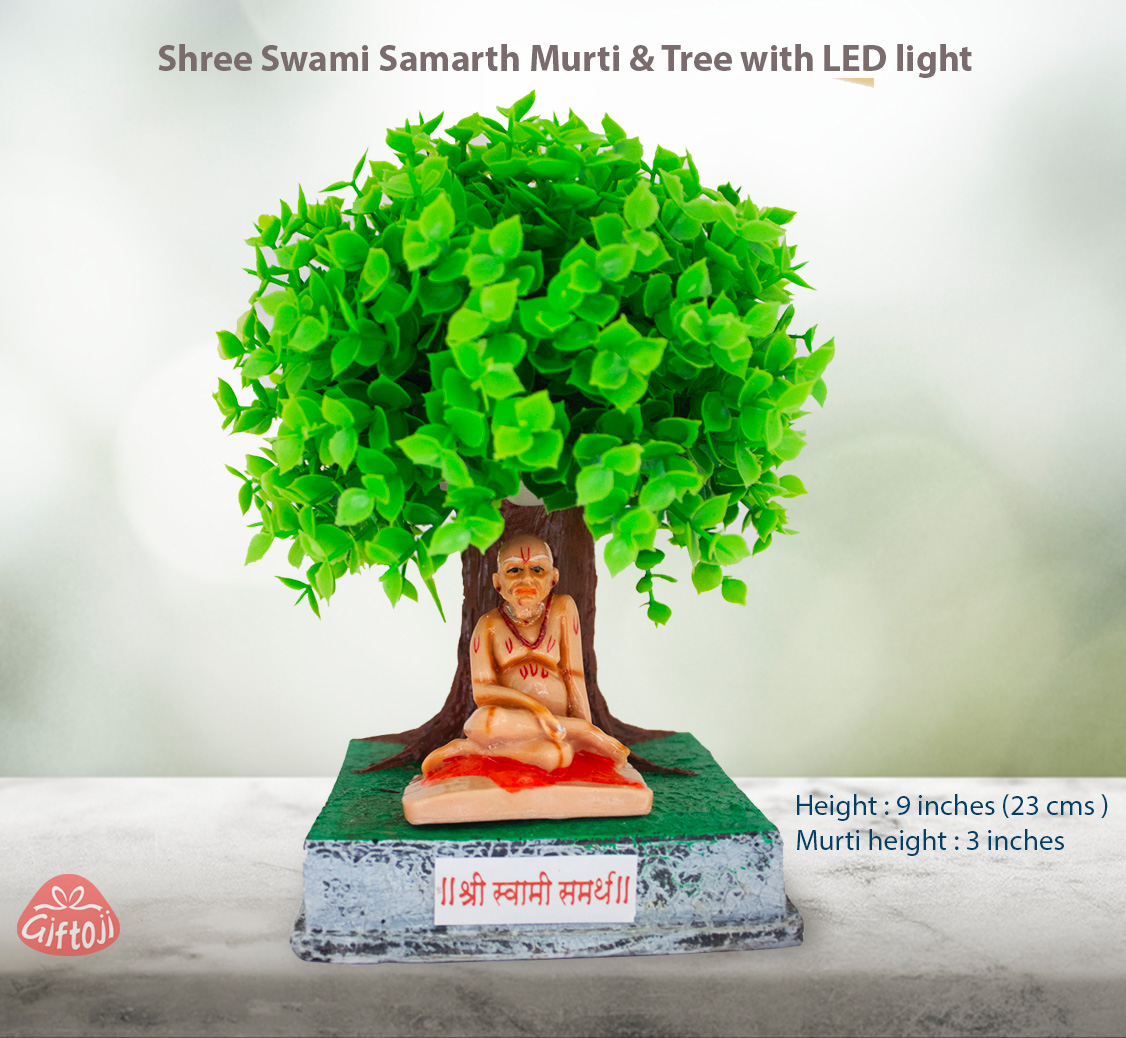 Shree Swami Samarth Murti with Tree & LED Light – Spiritual Table Decor