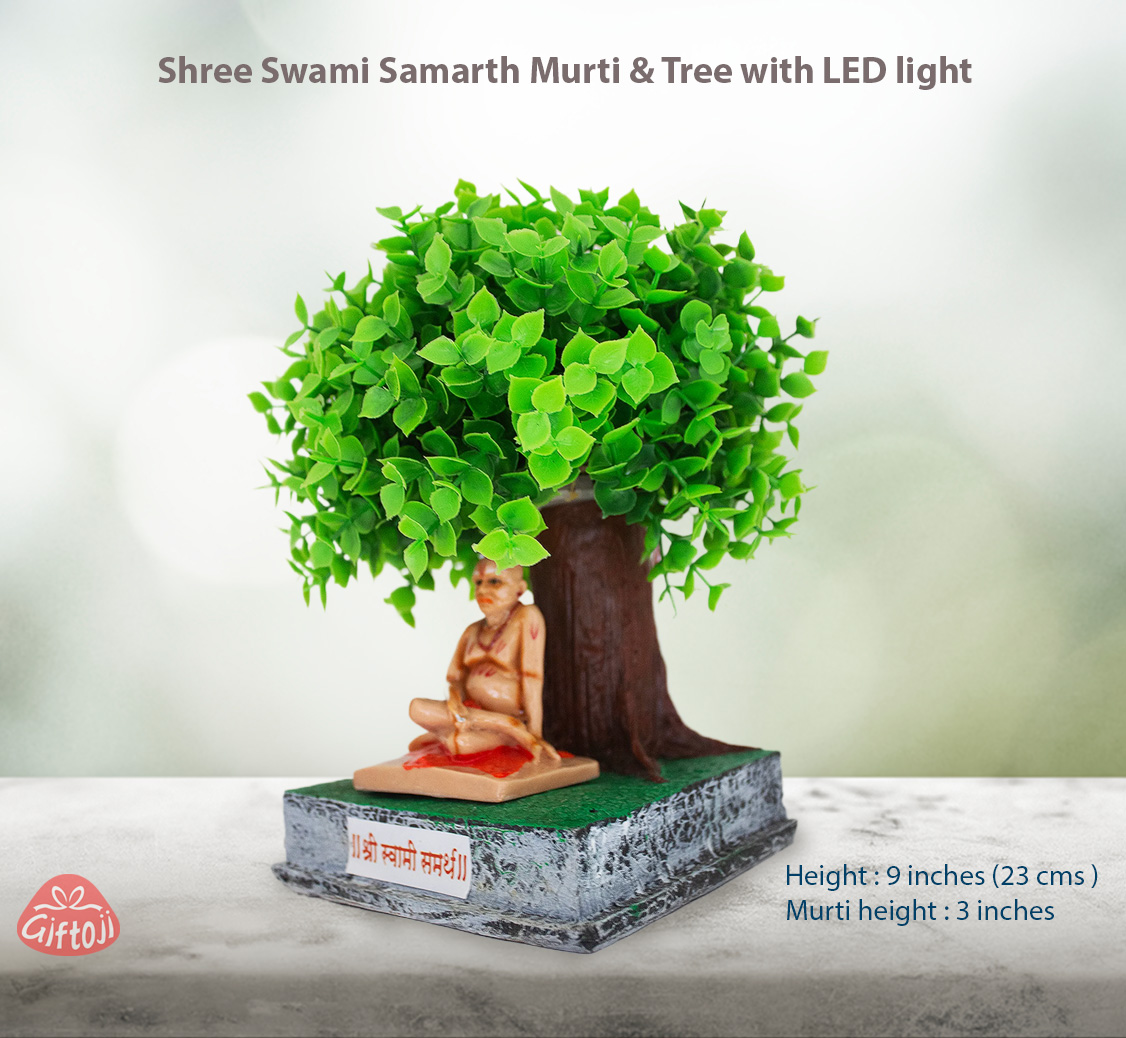 Shree Swami Samarth Murti with Tree & LED Light – Spiritual Table Decor