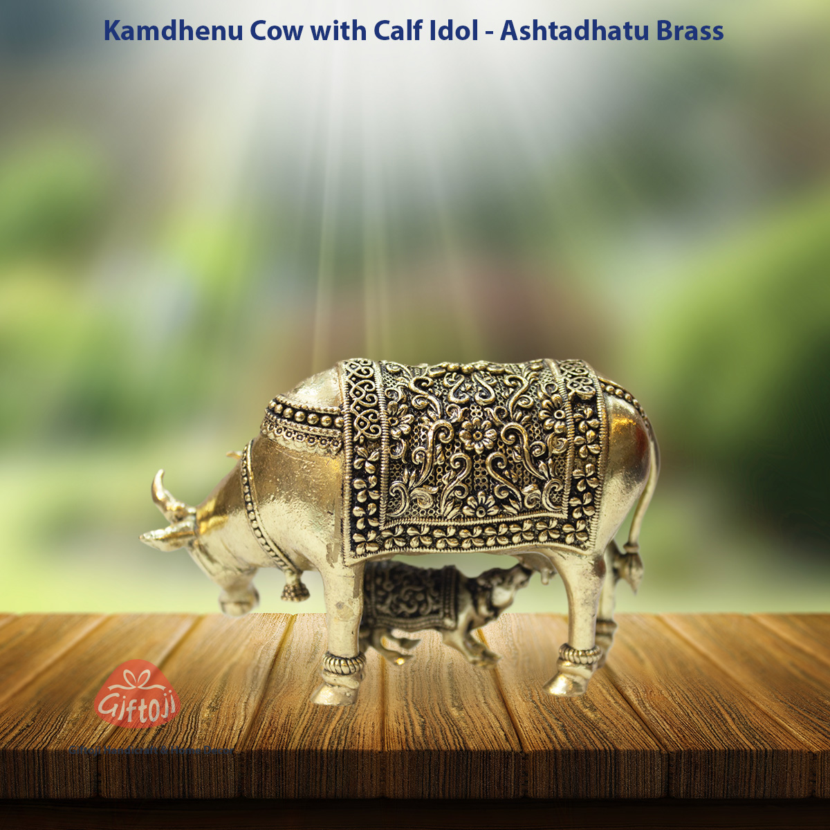 Ashtadhatu Brass Kamdhenu Cow with Calf Idol – Divine Symbol of Abundance & Nurture (Available in 3 Sizes)
