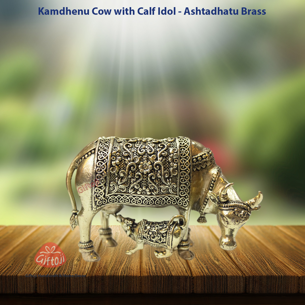 Ashtadhatu Brass Kamdhenu Cow with Calf Idol – Divine Symbol of Abundance & Nurture (Available in 3 Sizes)