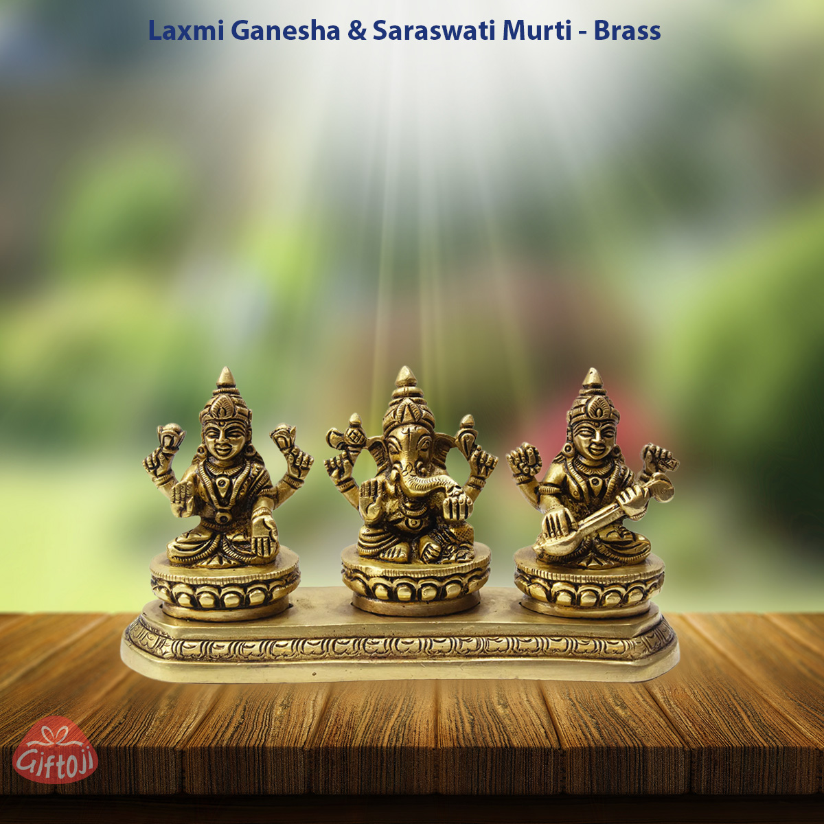 Ashtadhatu Brass Laxmi Ganesha Saraswati Idol – 3 Murti Set on Single Base