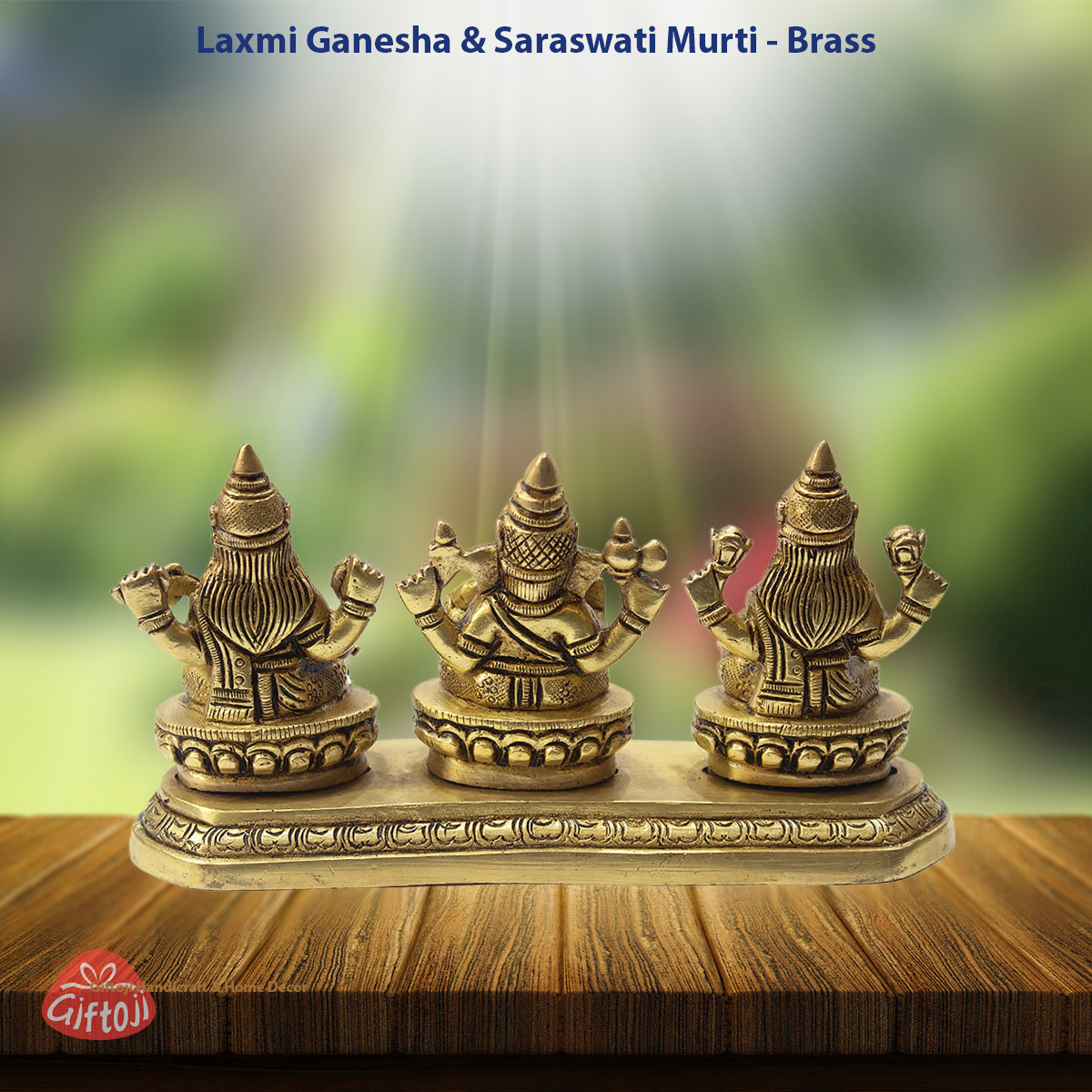Ashtadhatu Brass Laxmi Ganesha Saraswati Idol – 3 Murti Set on Single Base