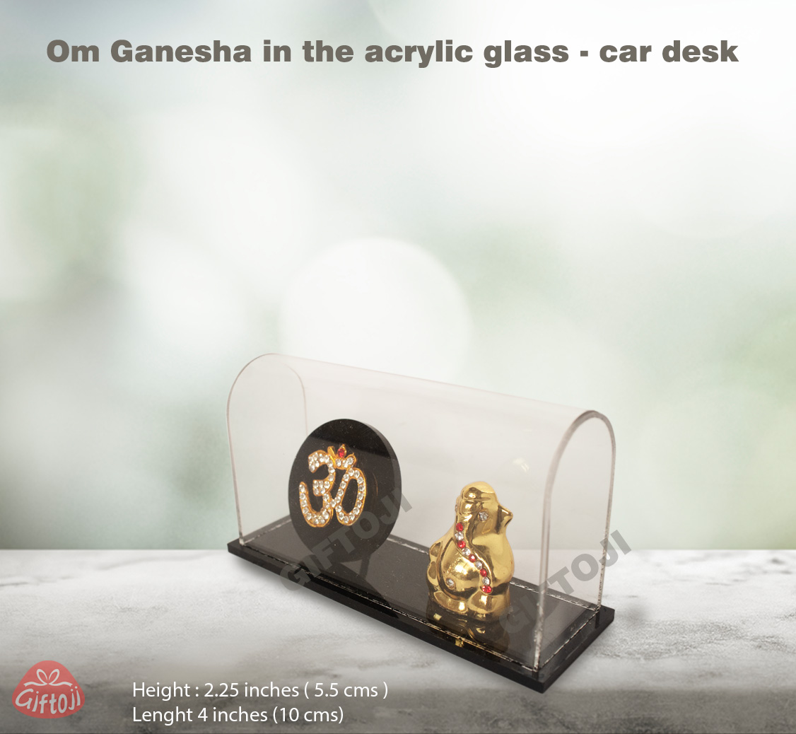 Om Ganesha Idol in Acrylic Glass Case – Compact Car & Desk Decor