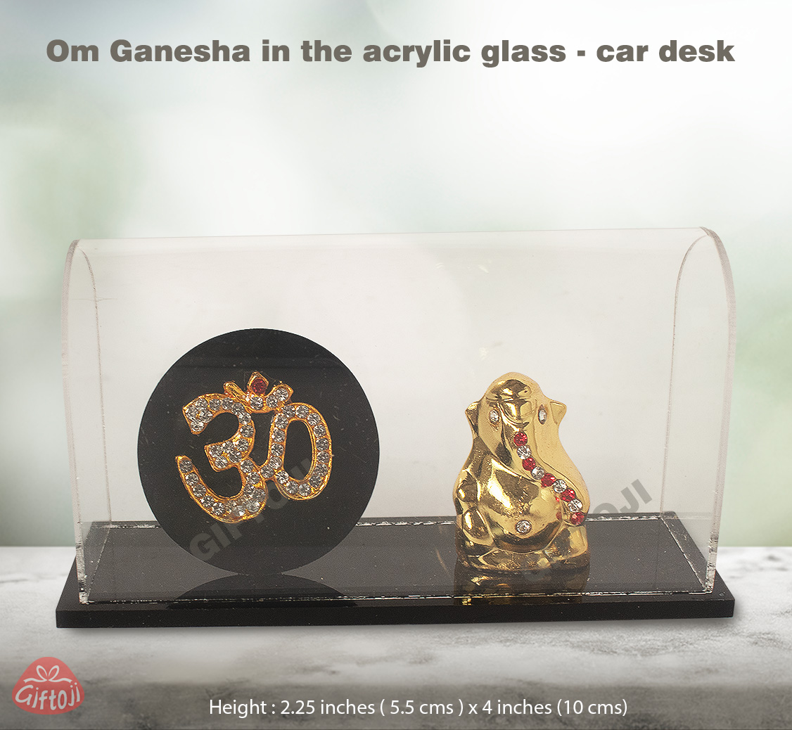Om Ganesha Idol in Acrylic Glass Case – Compact Car & Desk Decor