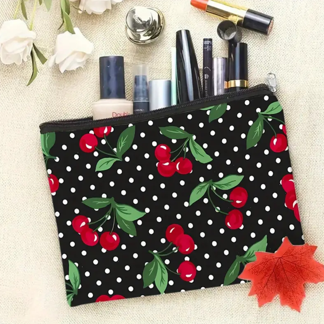 Cherry Polka Dot Makeup Bag