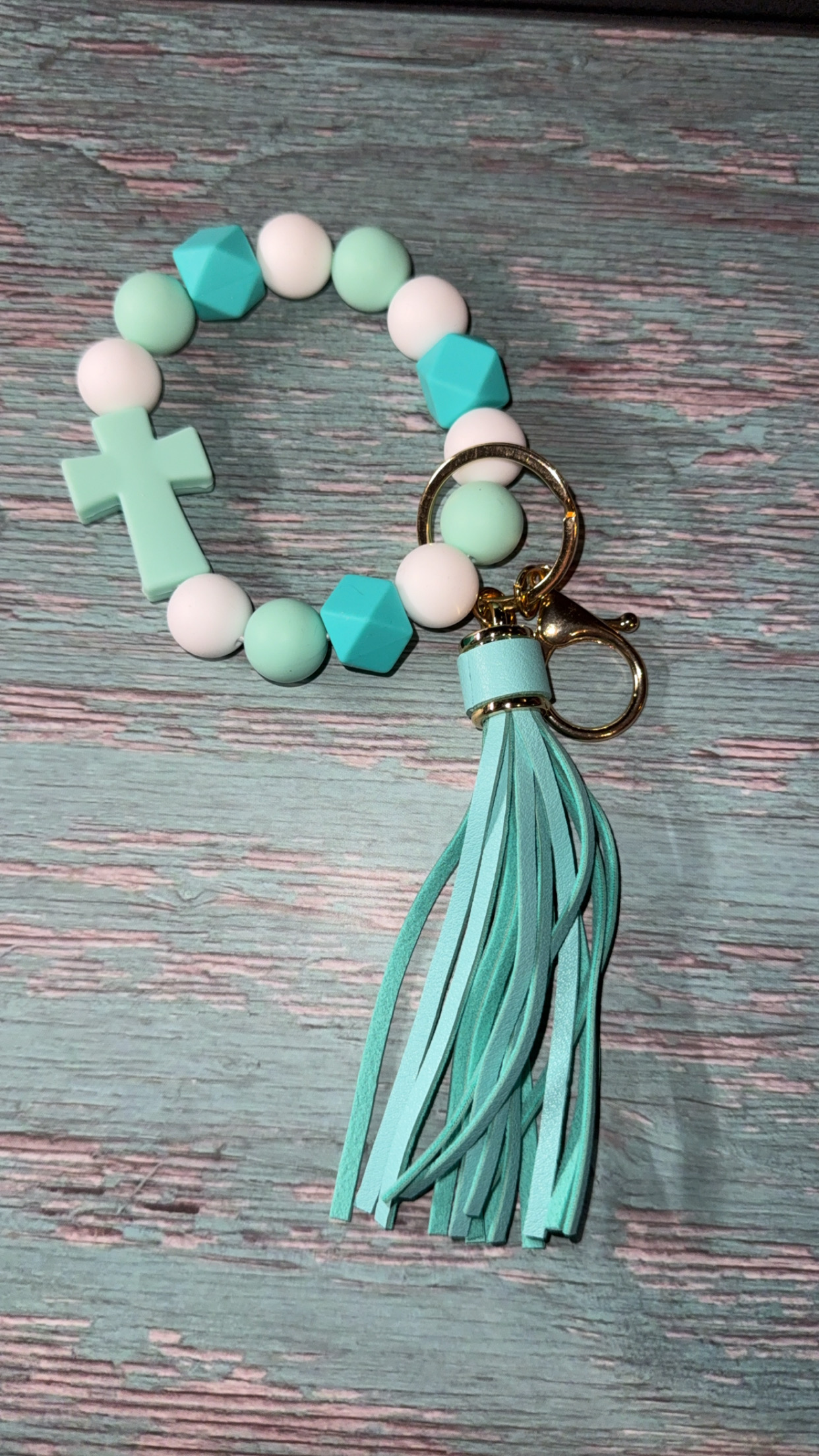 Turquoise Beaded Keychain with Cross