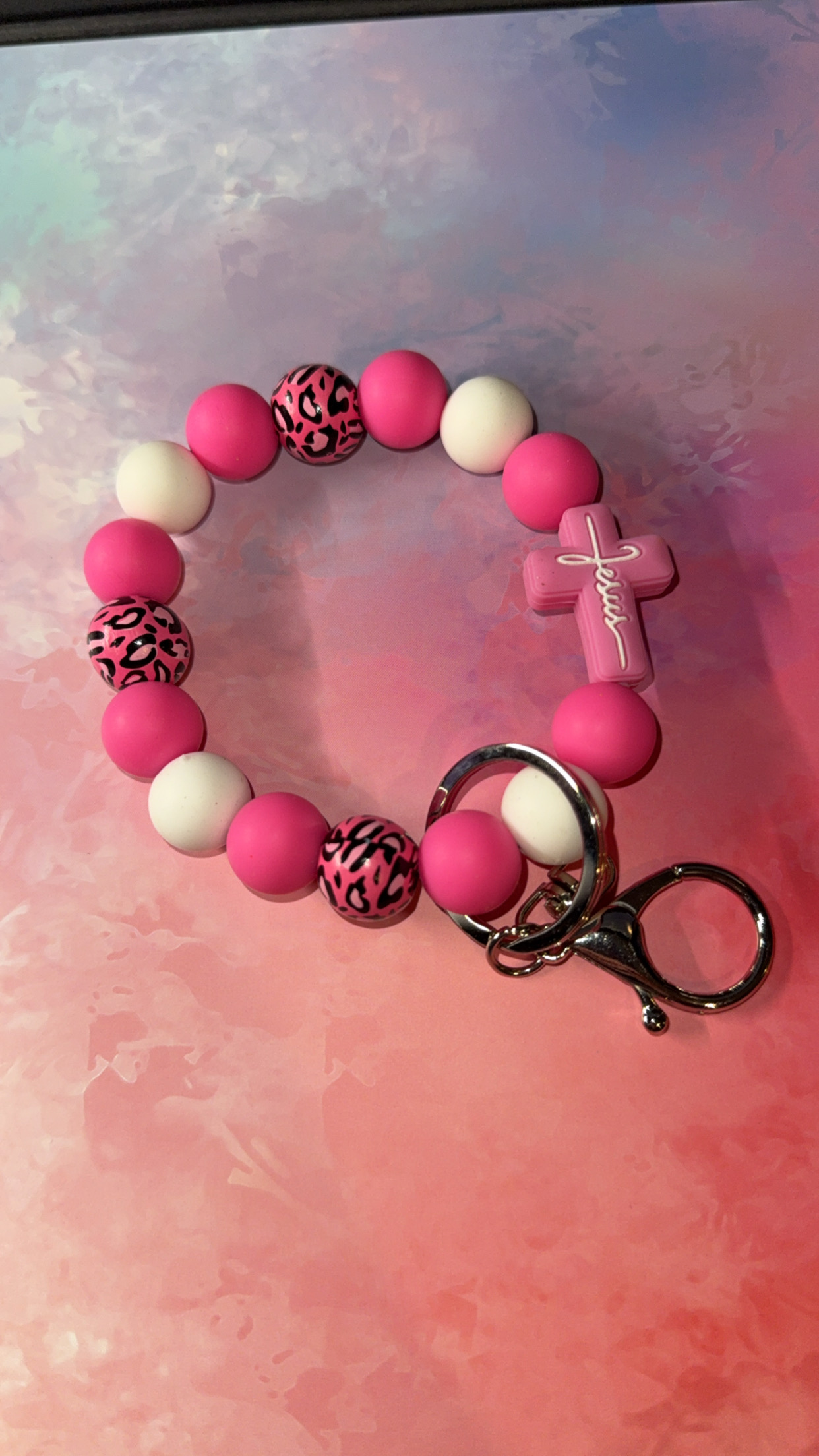 Pink Beaded Keychain Bracelet