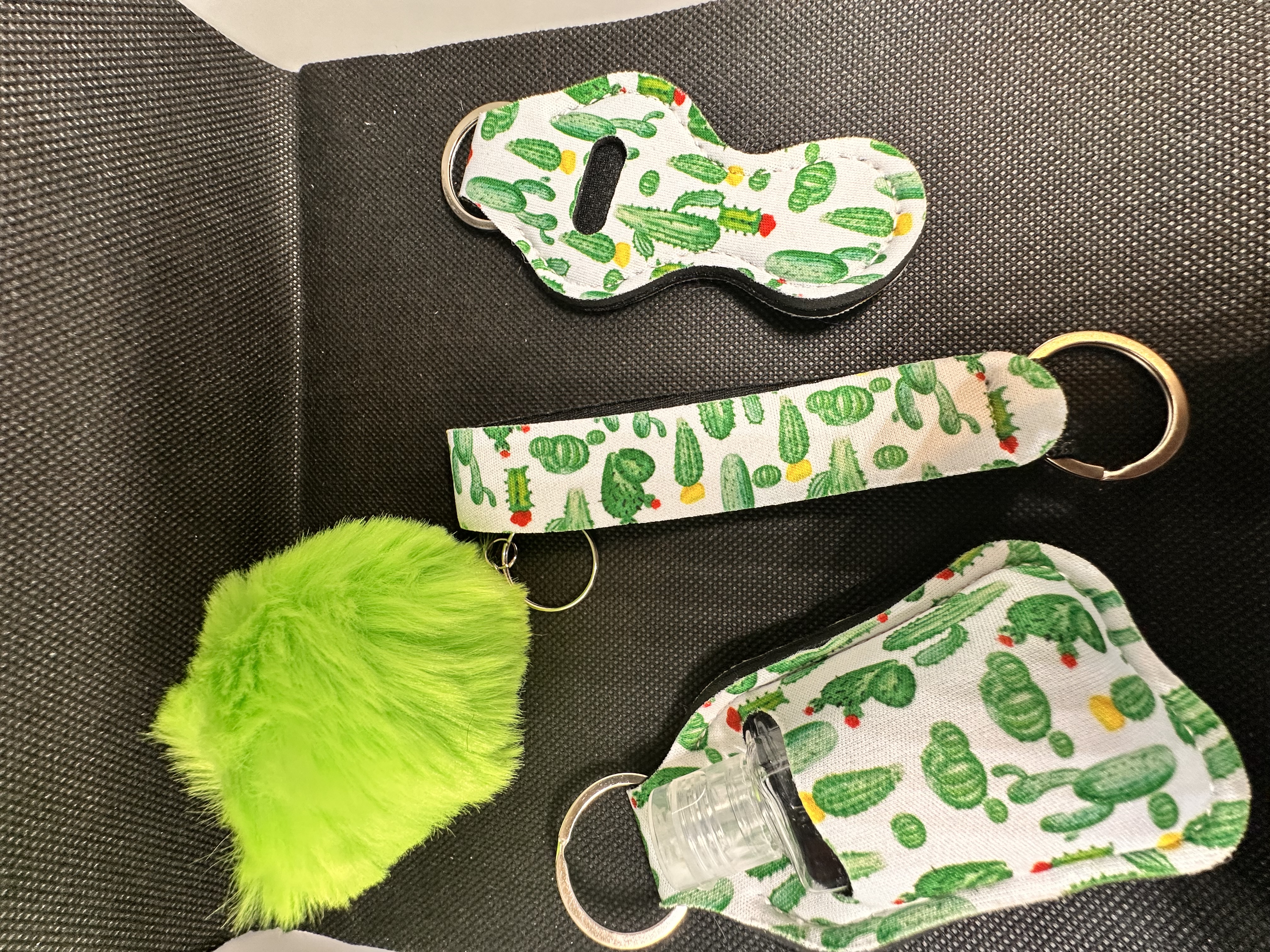 Green Cactus lipstick & sanitiser holder pompom keychain 