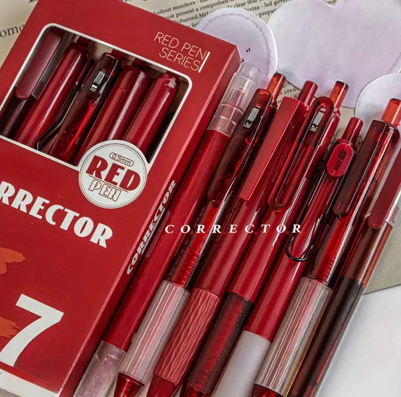 7Pc Red Pen Set (Black Ink)
