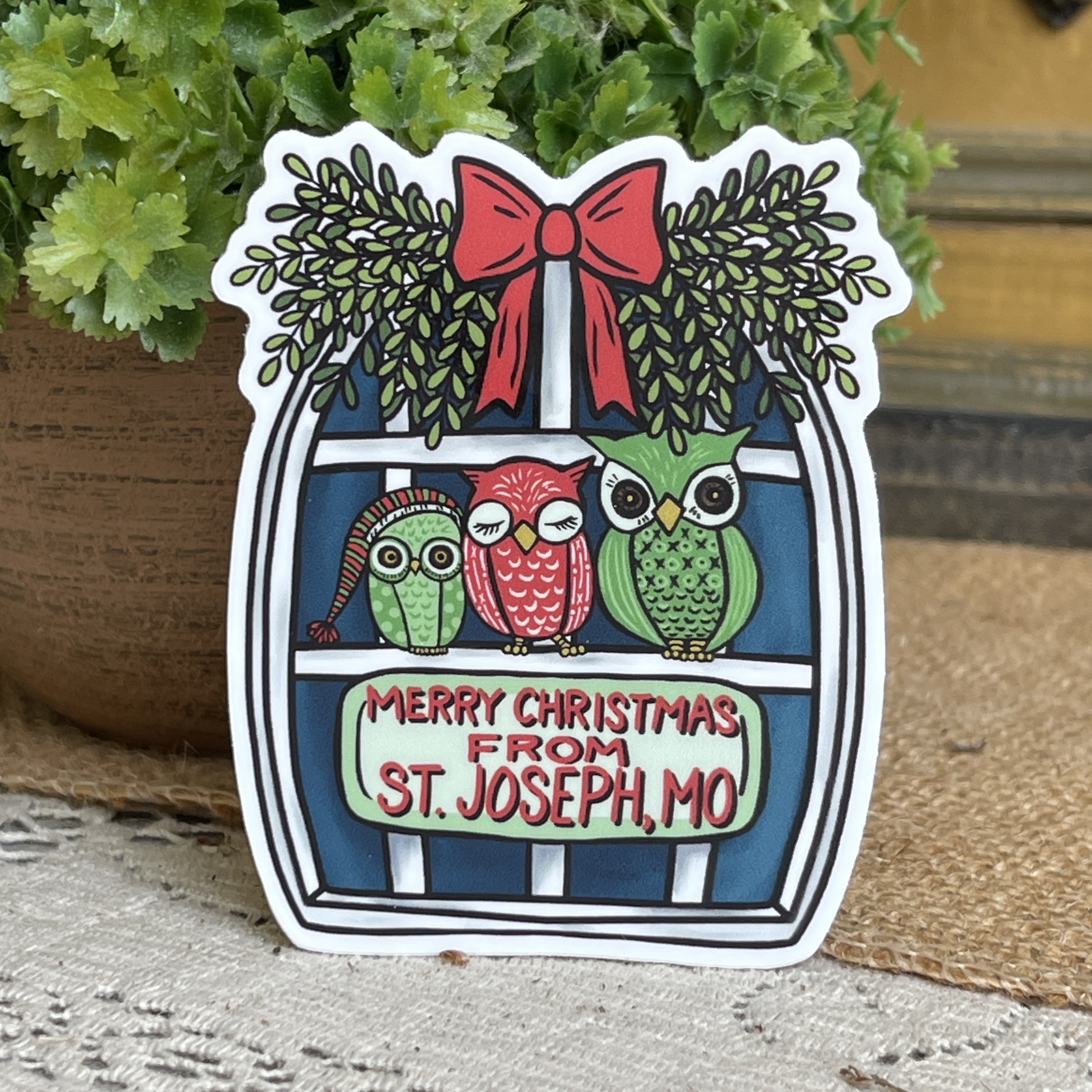Merry Christmas from St. Joseph, MO Owl Trio Christmas Sticker