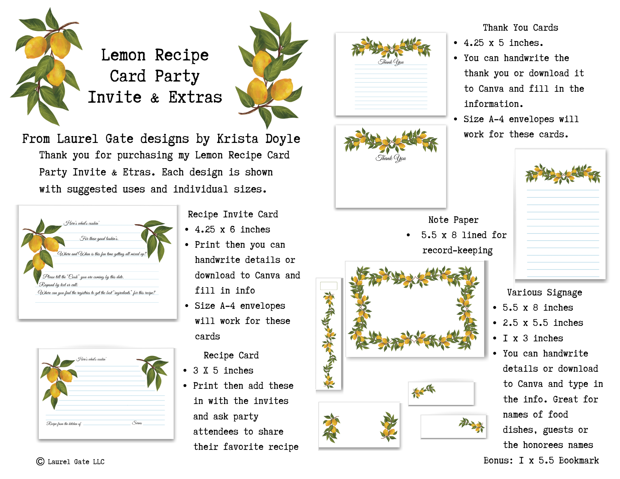 Lemon Recipe Card Party Invitation & Printable Extras 