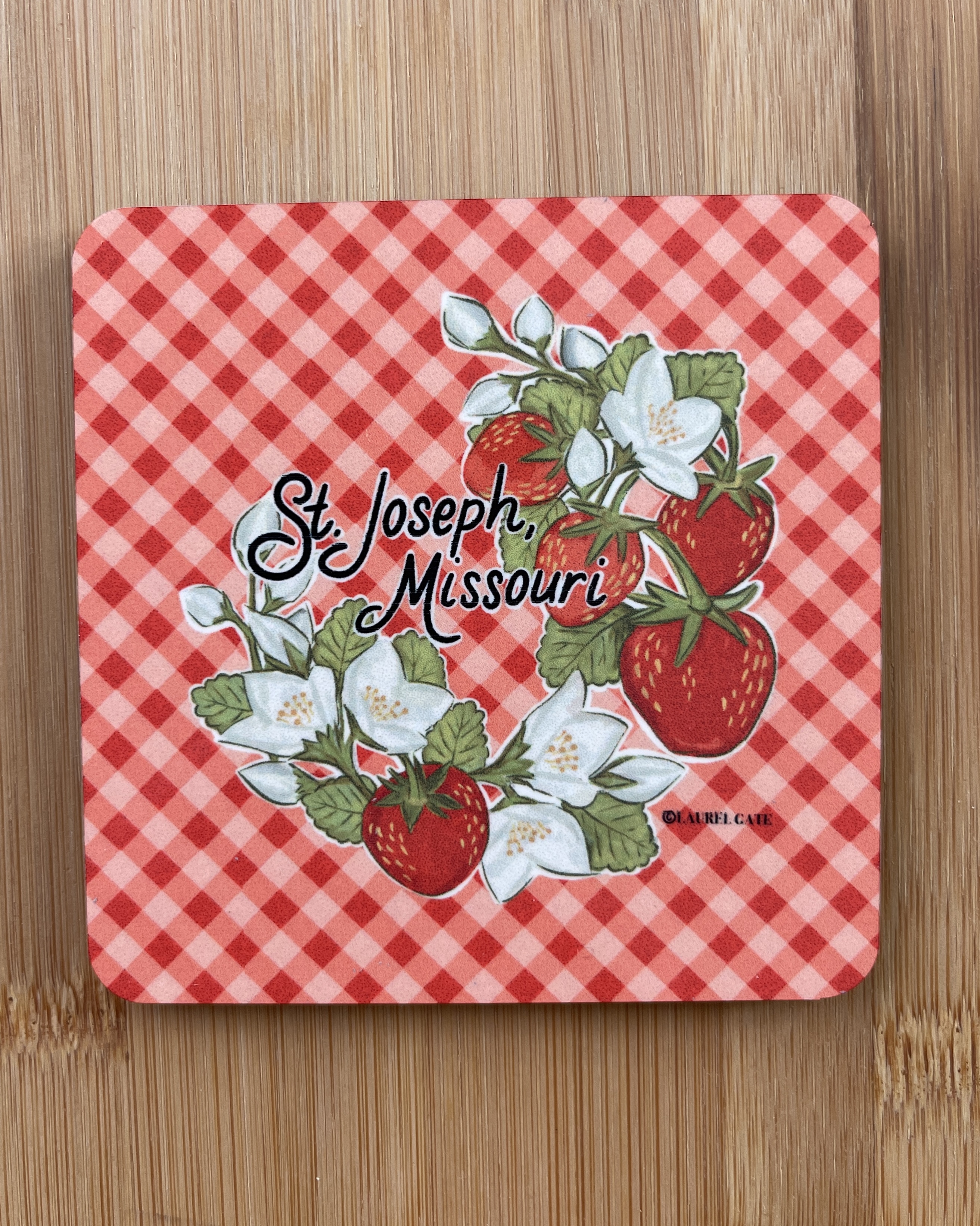 St. Joseph, Missouri Strawberry Gingham Coaster