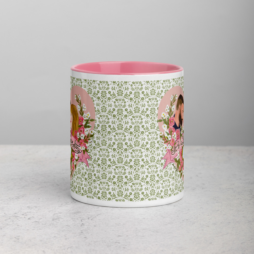 TNT Love Story Mug | 11 oz Ceramic Coffee Cup with Pink Handle & Inside