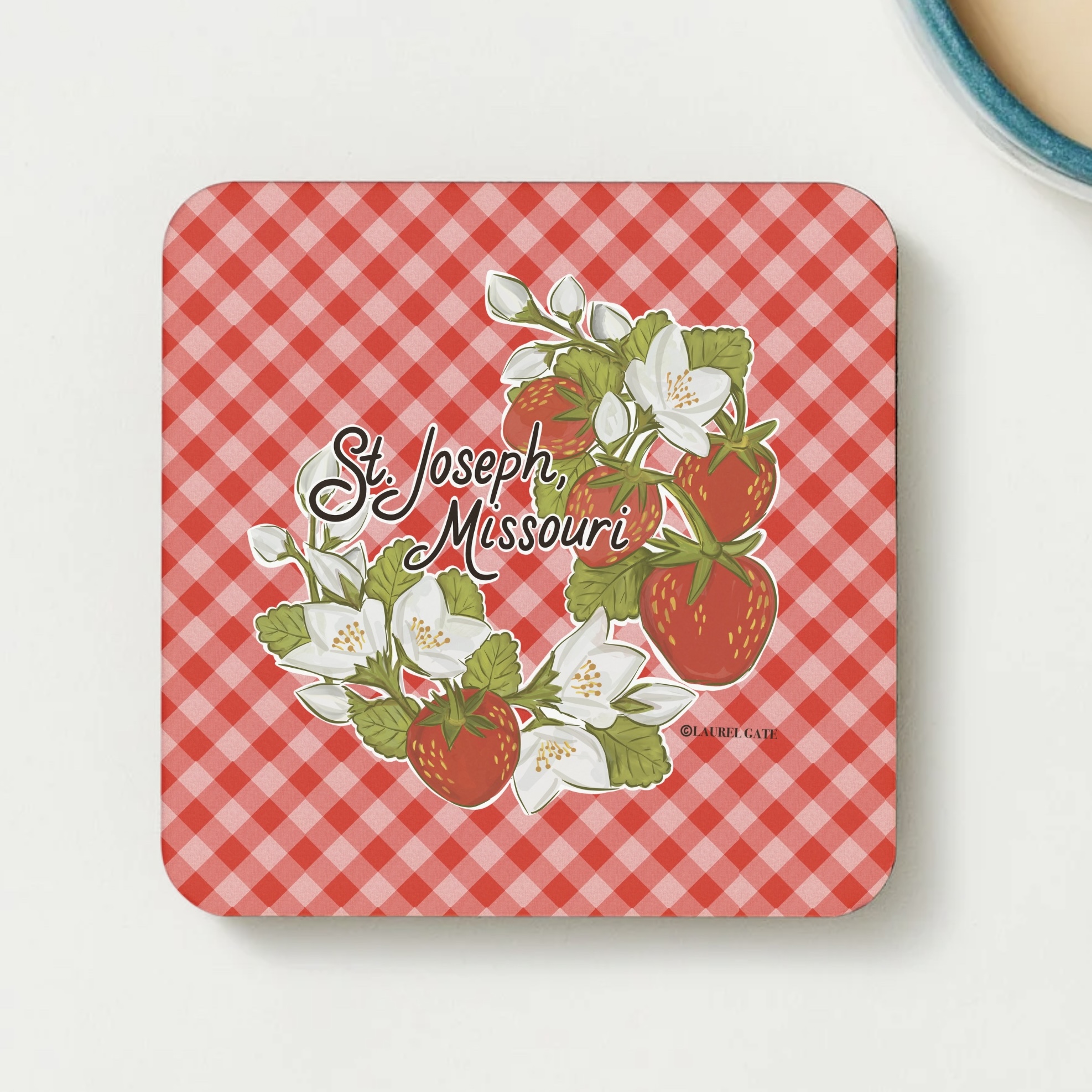 St. Joseph, Missouri Strawberry Gingham Coaster