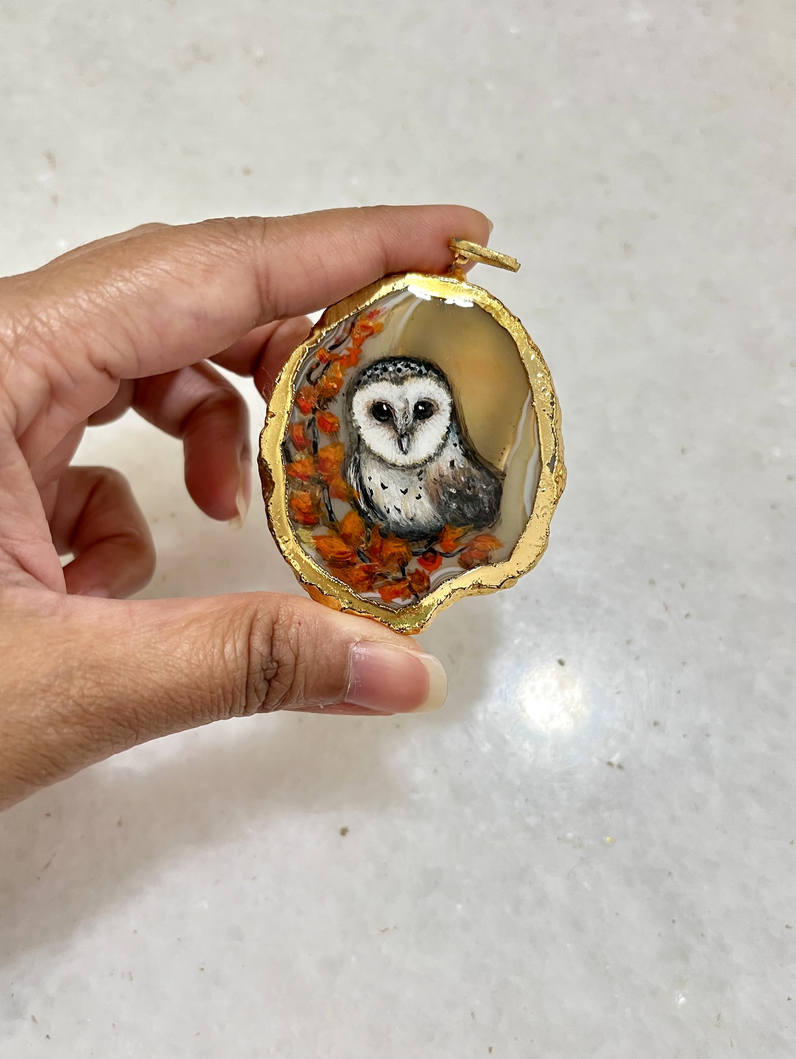 Hand-painted Barn Owl Pendant Necklace on agate stone