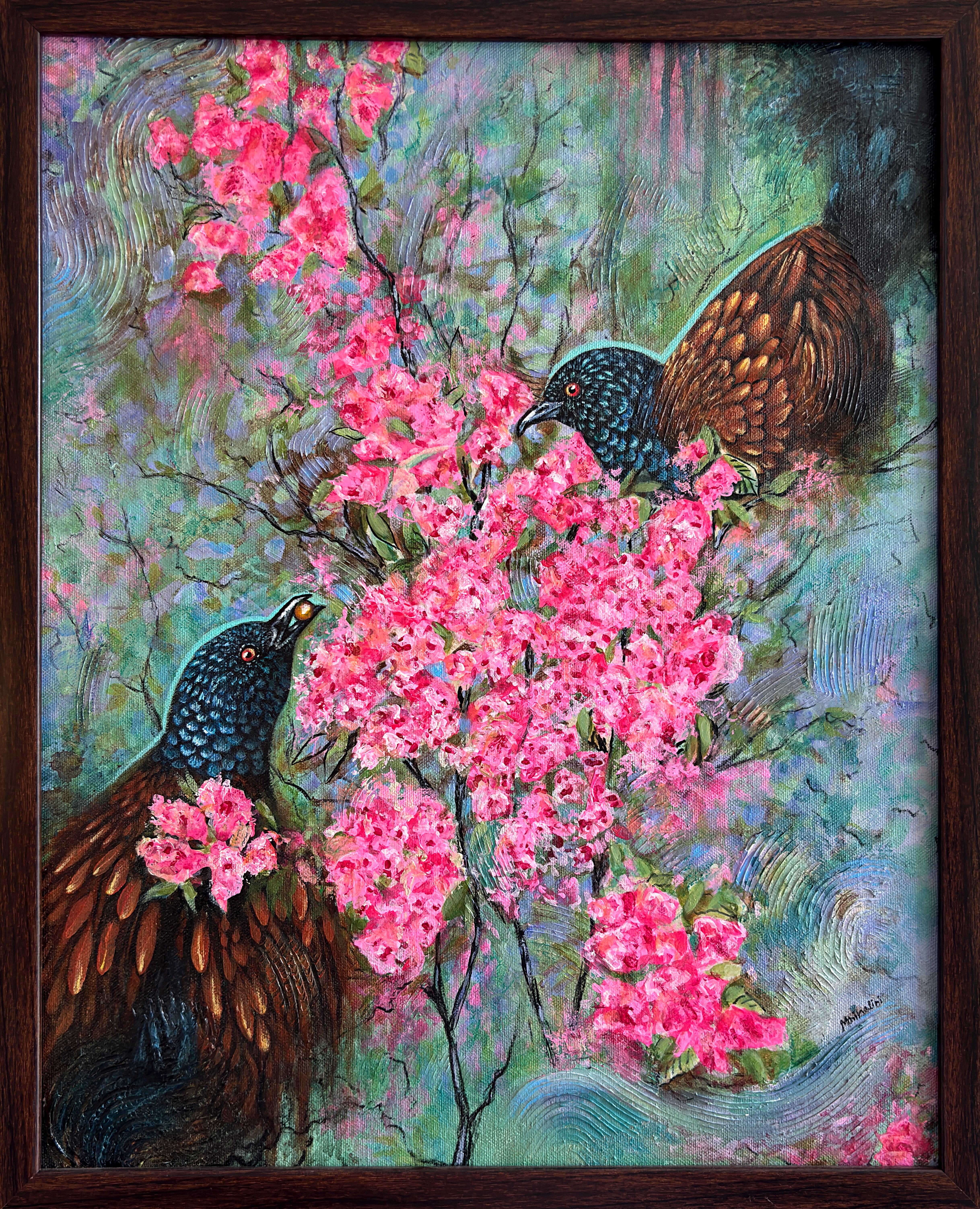 Contemporary Botanical Bird Artwork in the Cherry Blossom tree - a mixed media painting for home, gift for couple