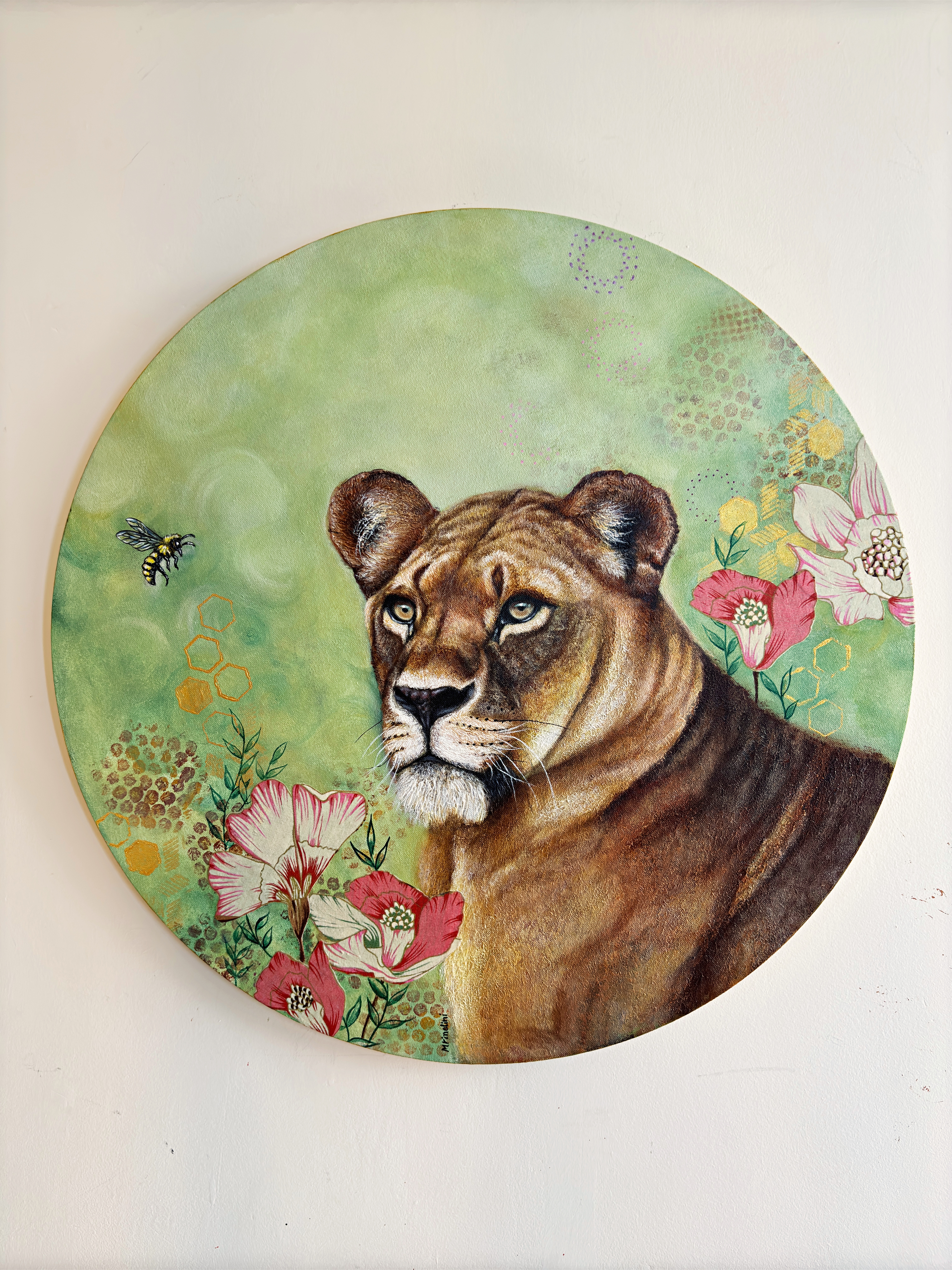 Queen Lioness & the Queen Bee original contemporary wildlife art celebrating feminine energy