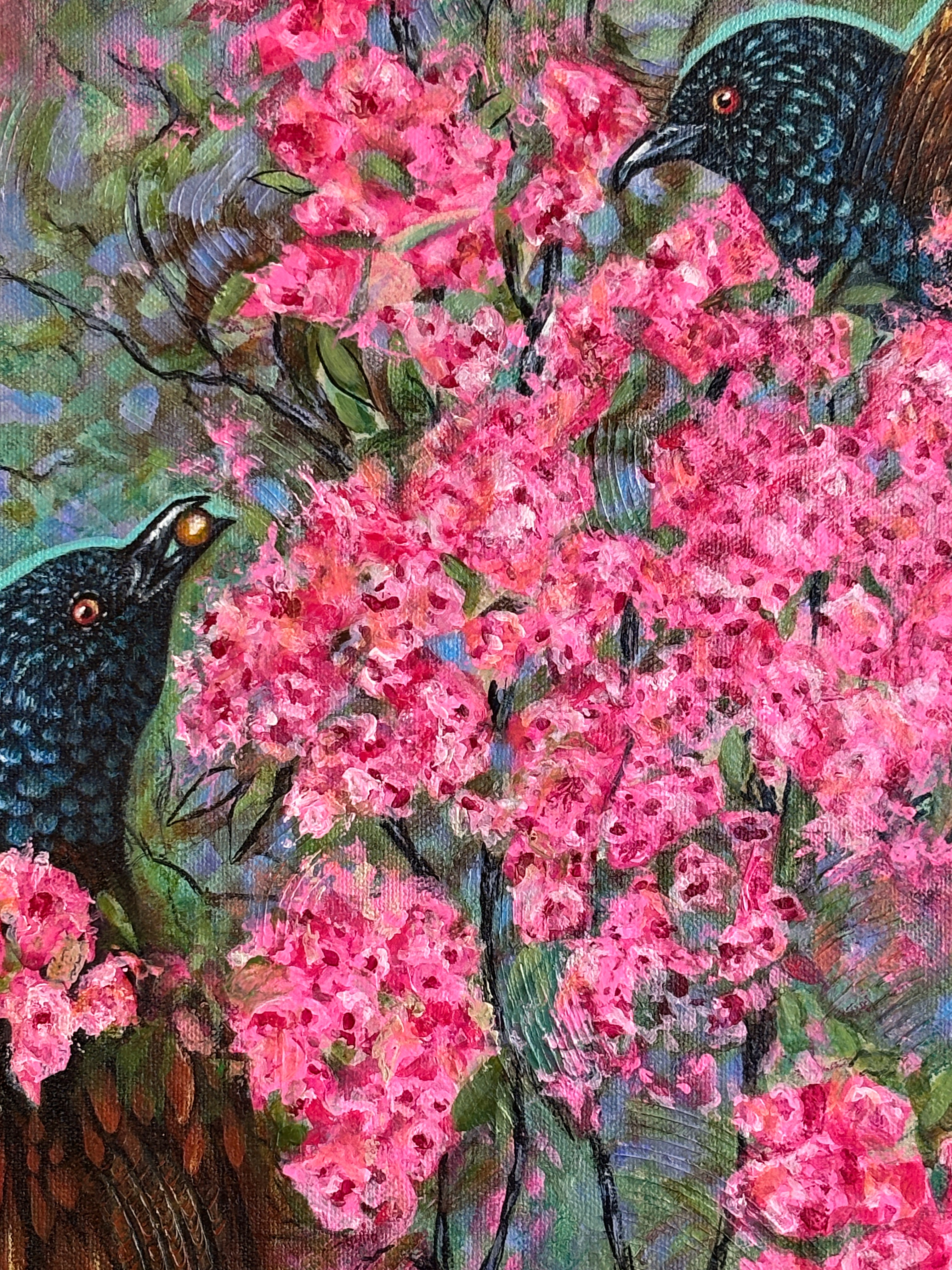 Contemporary Botanical Bird Artwork in the Cherry Blossom tree - a mixed media painting for home, gift for couple