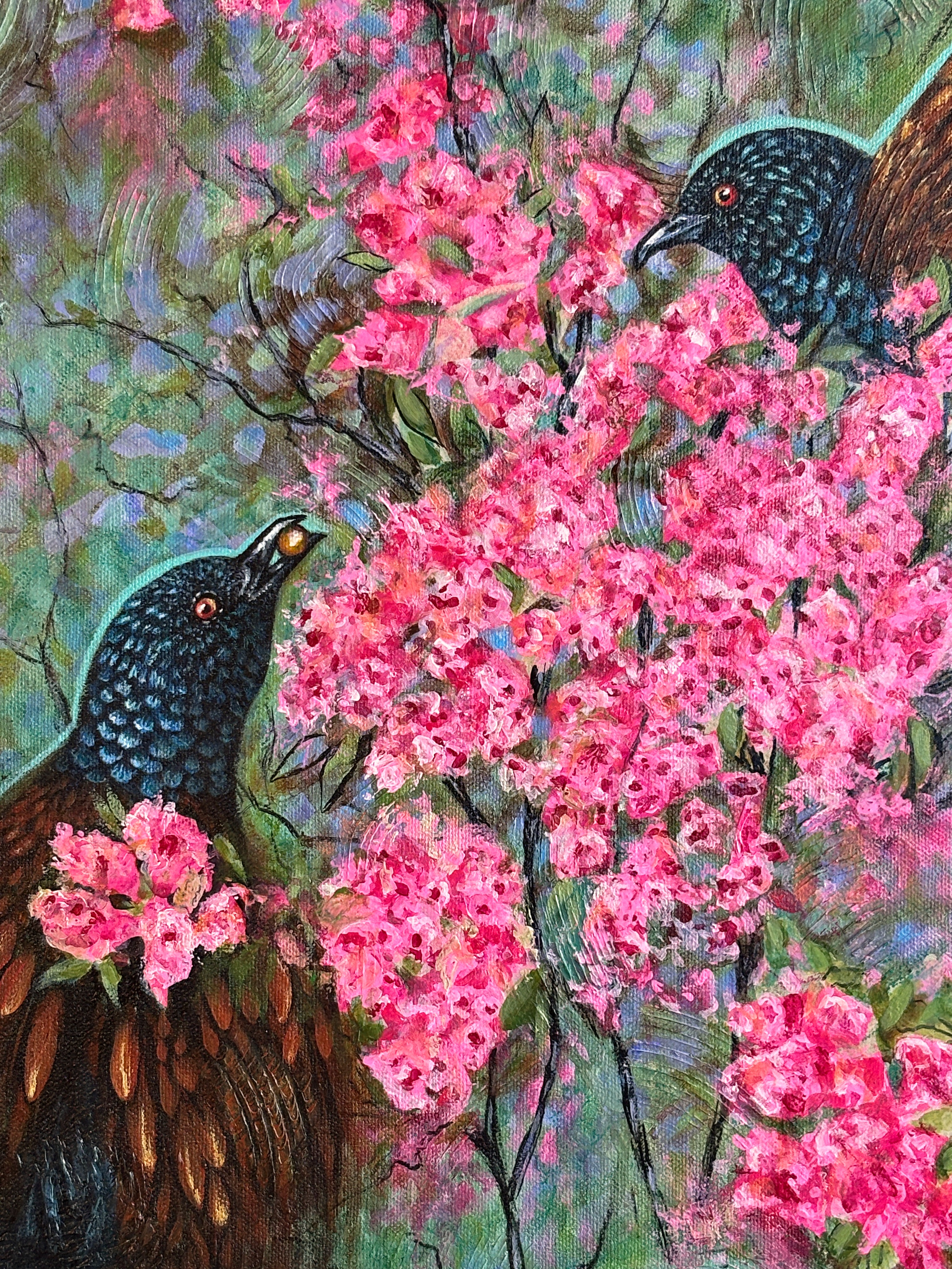 Contemporary Botanical Bird Artwork in the Cherry Blossom tree - a mixed media painting for home, gift for couple