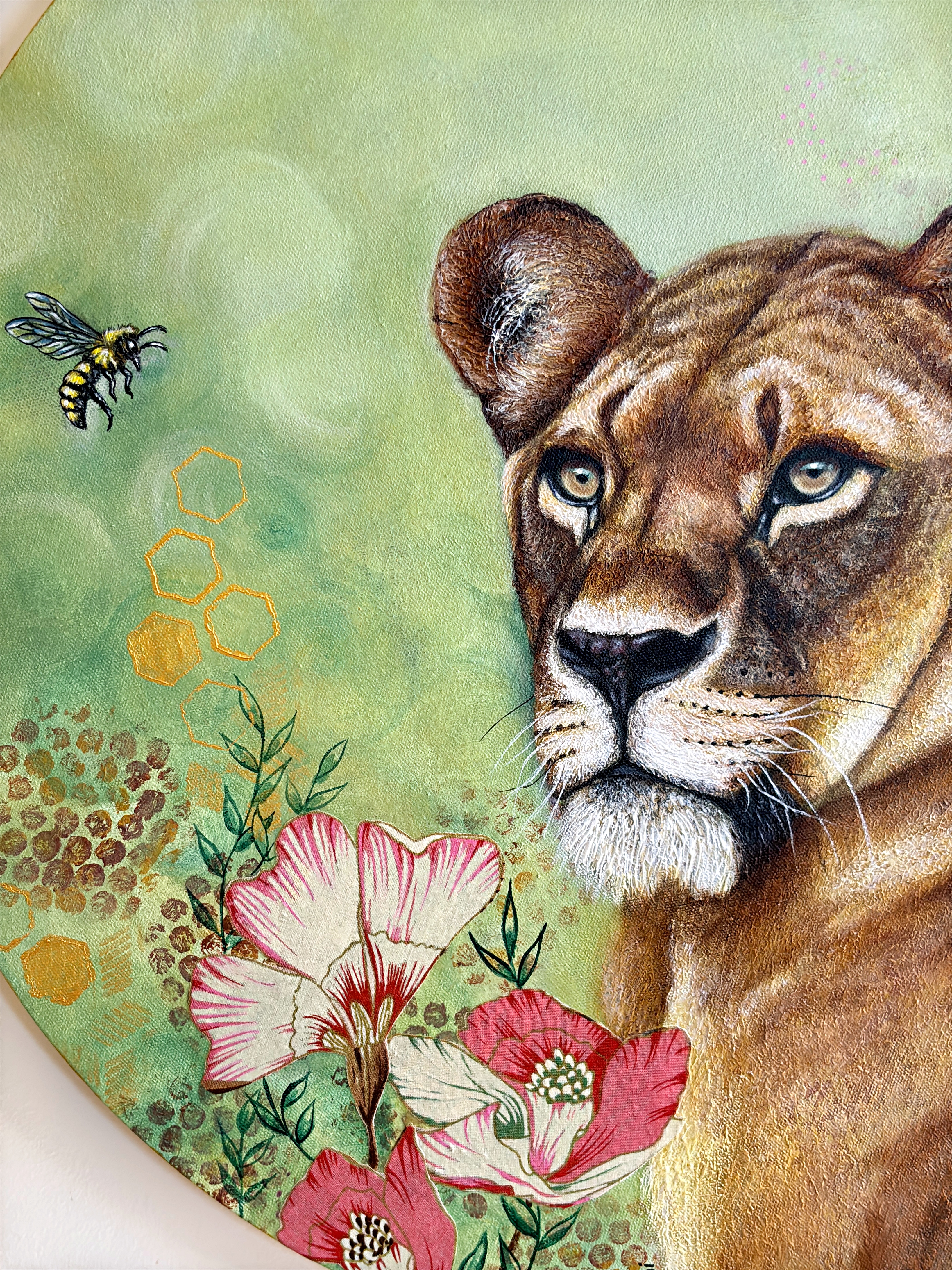 Queen Lioness & the Queen Bee original contemporary wildlife art celebrating feminine energy