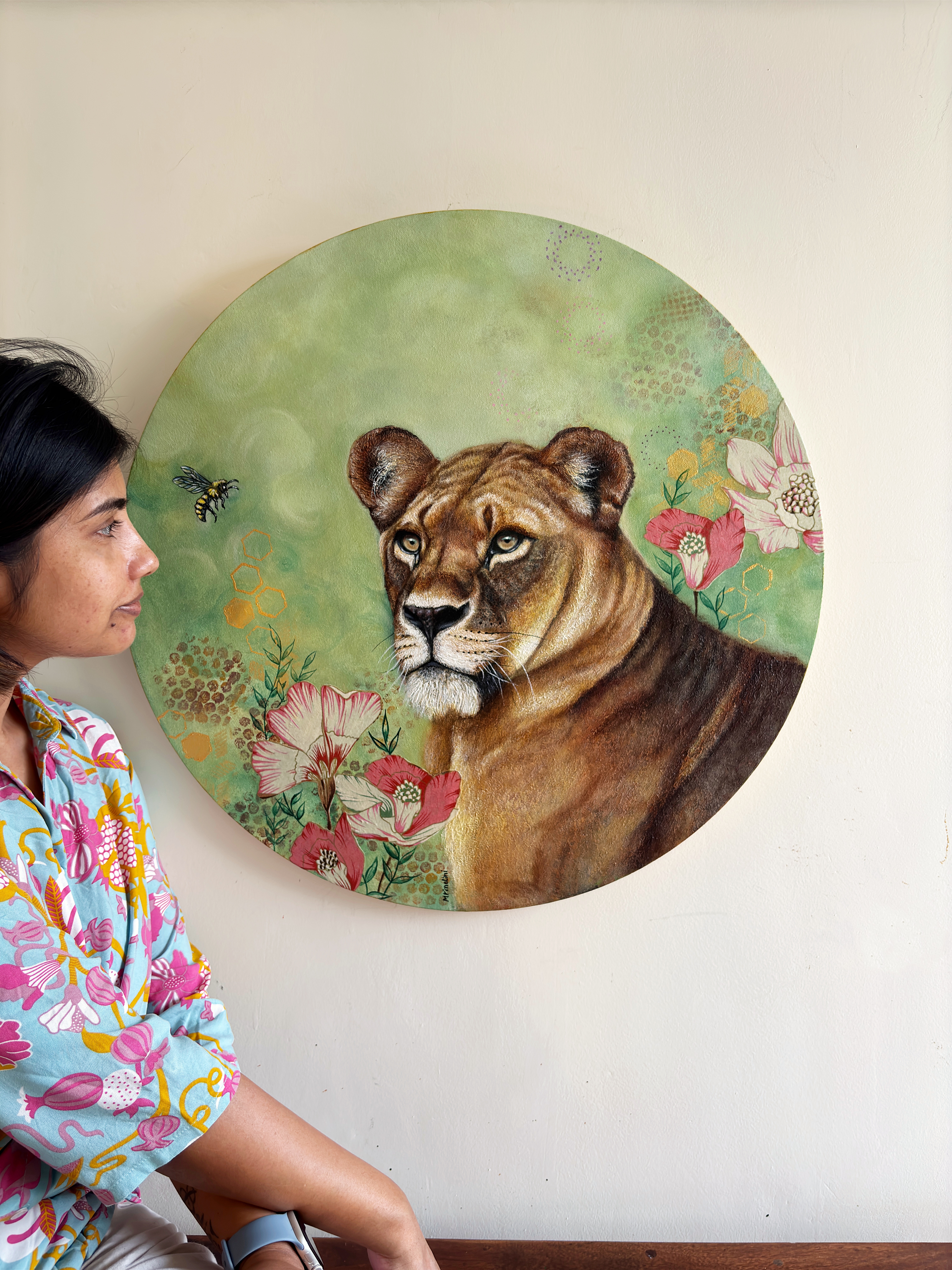 Queen Lioness & the Queen Bee original contemporary wildlife art celebrating feminine energy