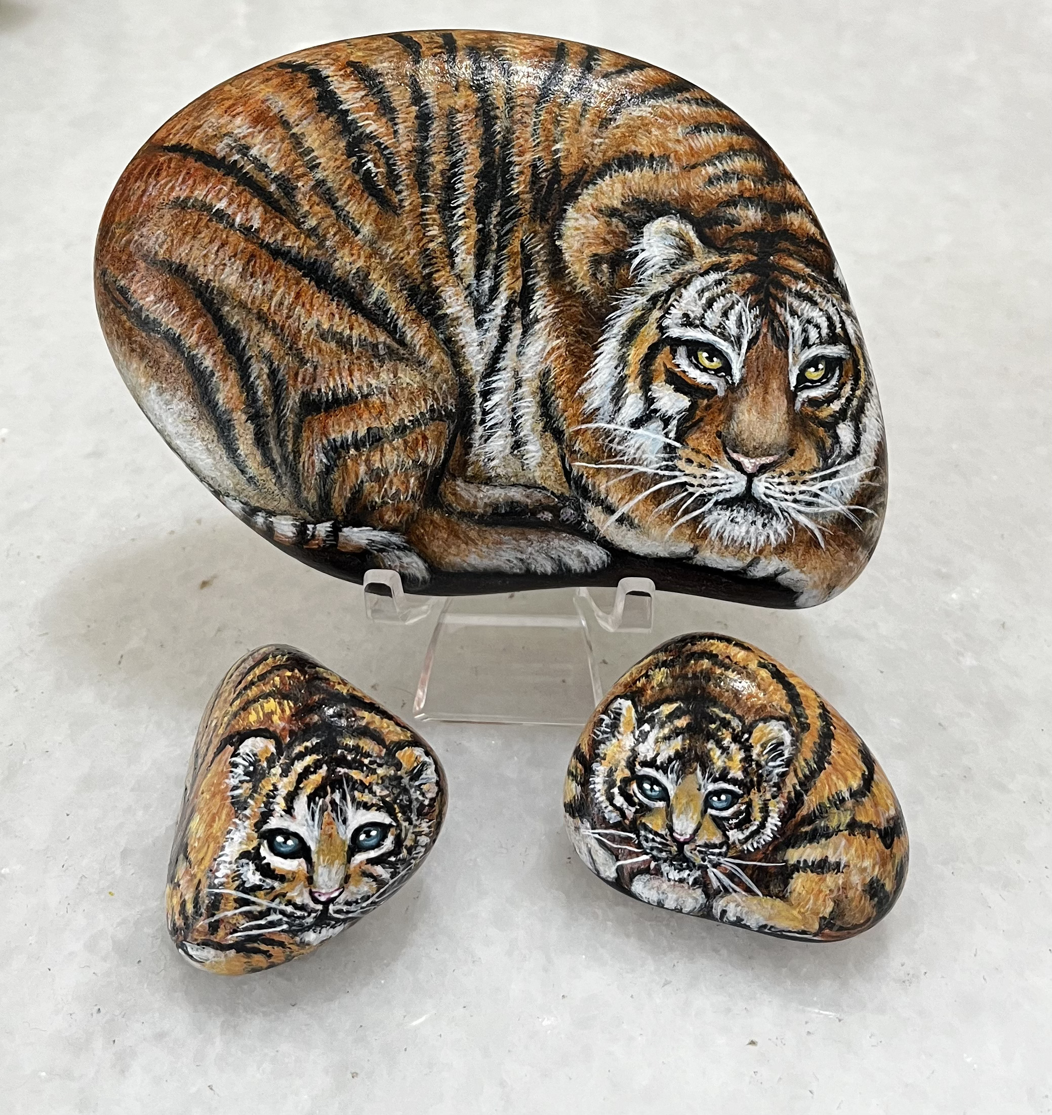 Hand-Painted Bengal Tiger Stones -set of 3 painted stones -unique Wildlife Art collectibles