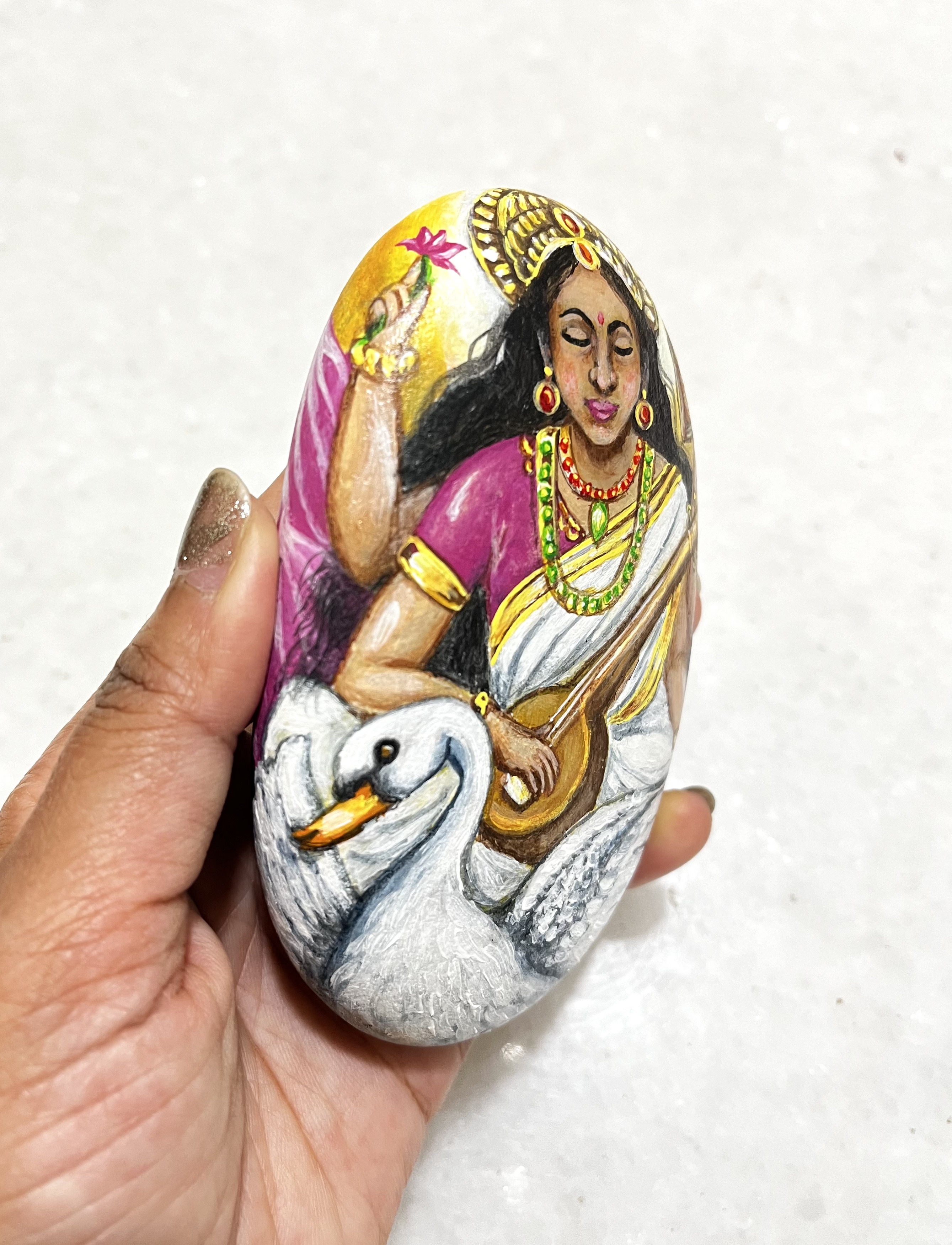 Goddess Saraswati Hand-Painted Decorative Stone - positive spiritual gifts