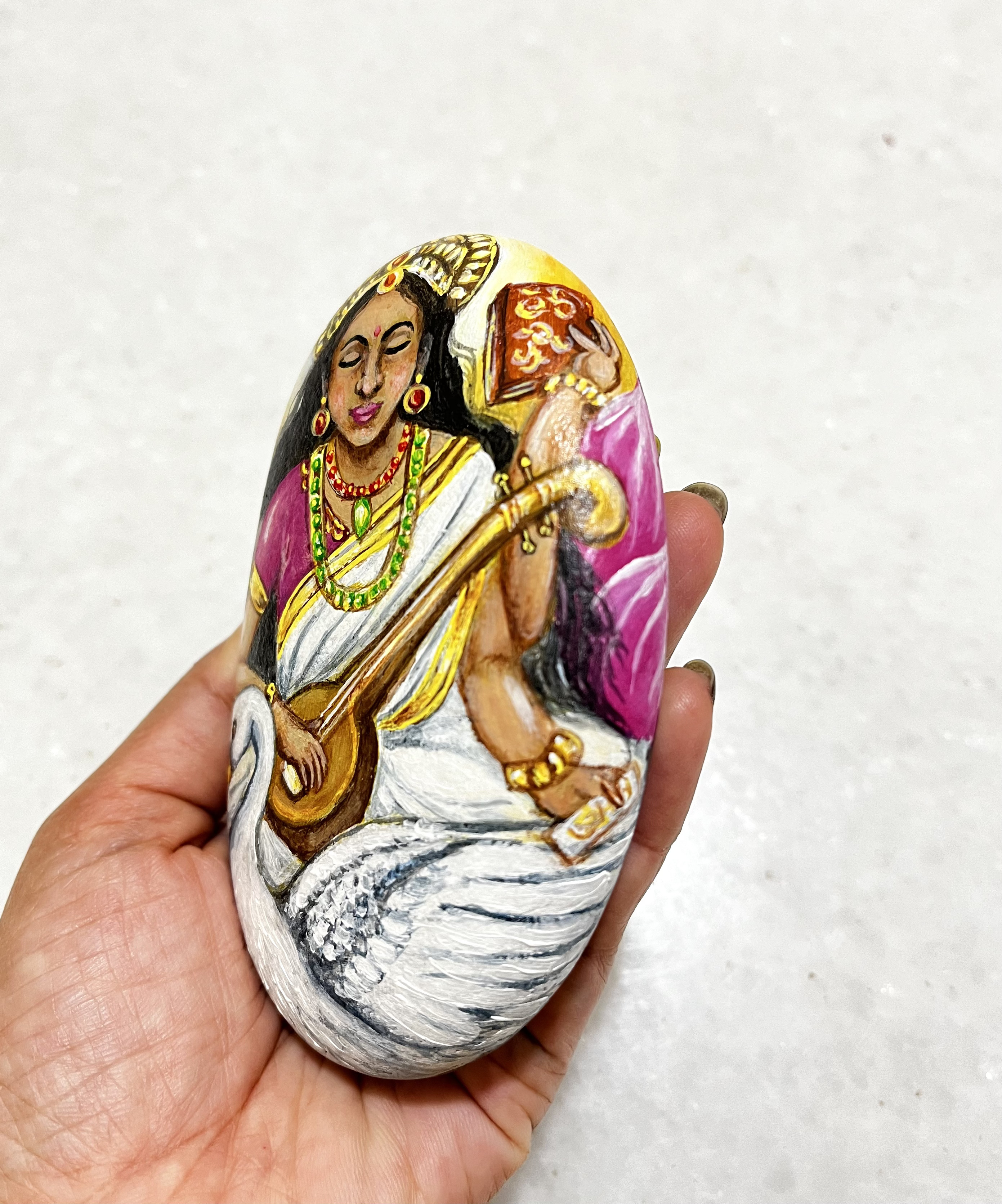 Goddess Saraswati Hand-Painted Decorative Stone - positive spiritual gifts
