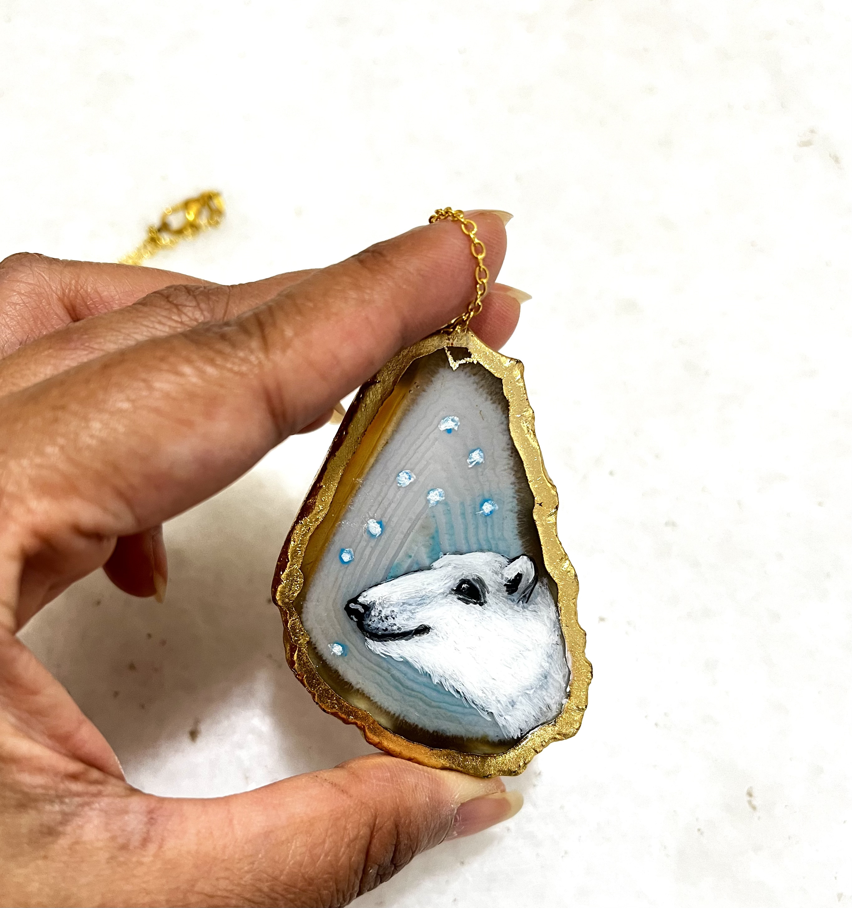 Hand-Painted Polar Bear Agate stone Pendant