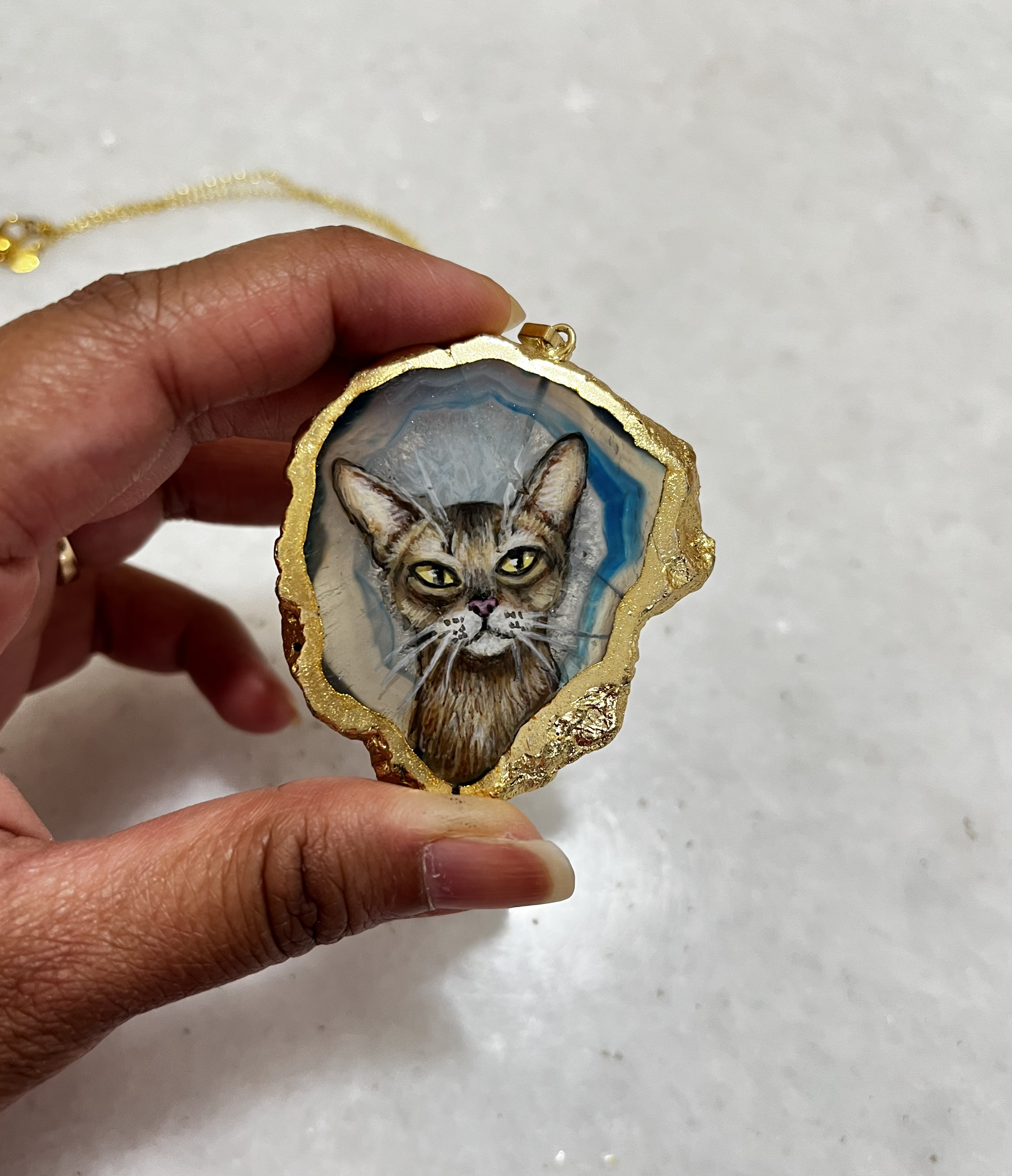 Handcrafted Cat agate stone pendant necklace -Fine Art Jewels for pet lovers