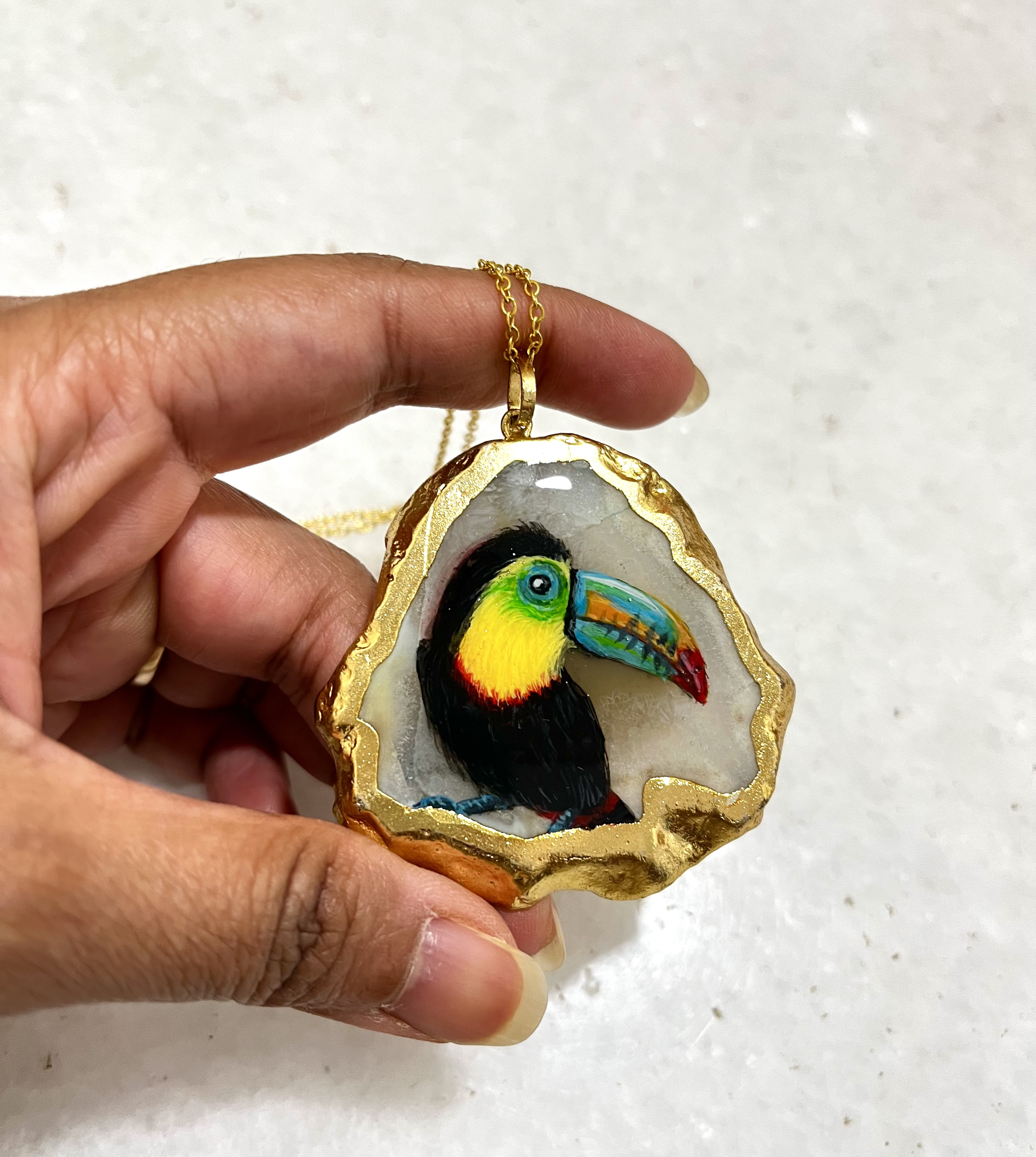 Hand-painted Toucan Agate Pendant necklace- a gift for bird lovers