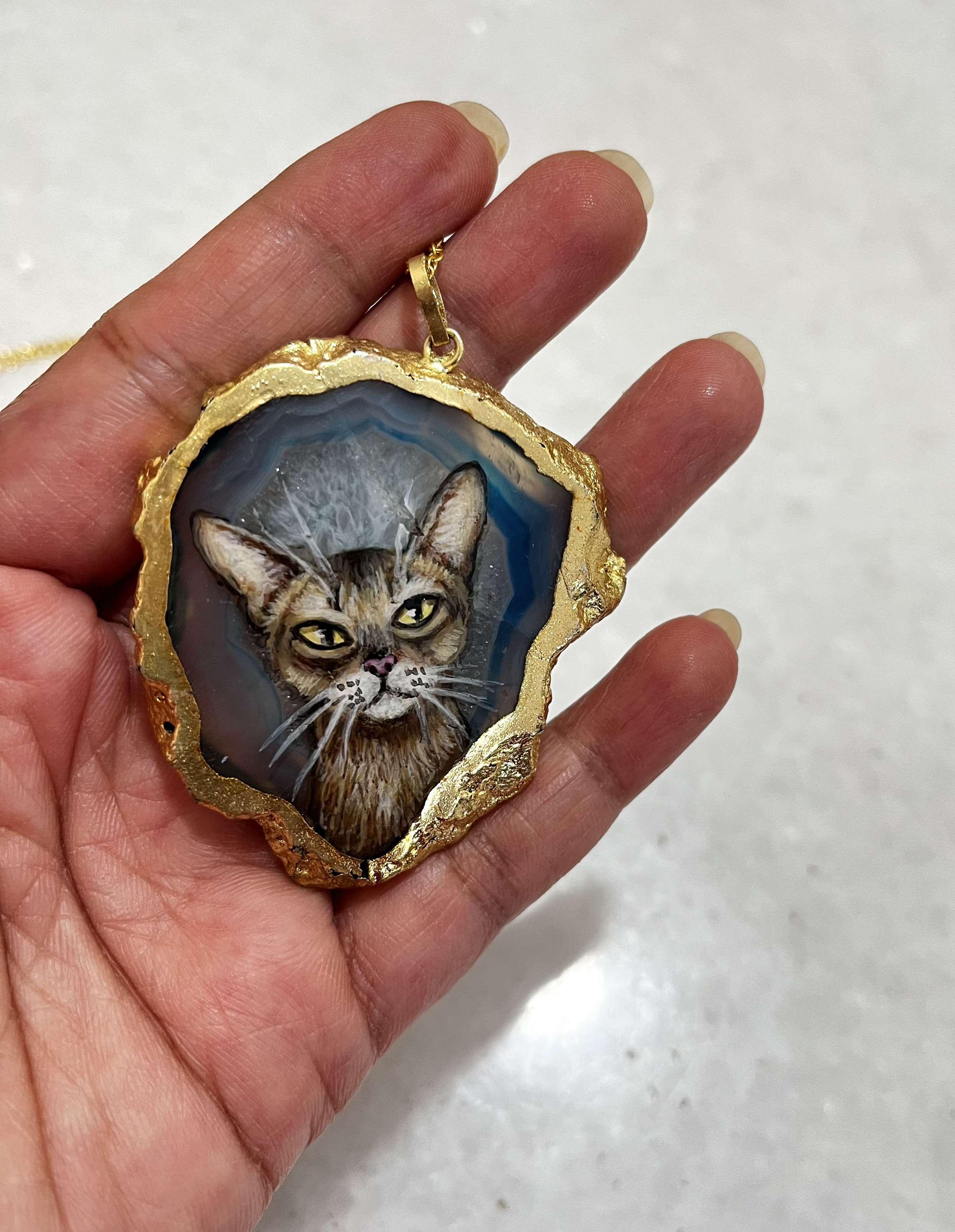 Handcrafted Cat agate stone pendant necklace -Fine Art Jewels for pet lovers