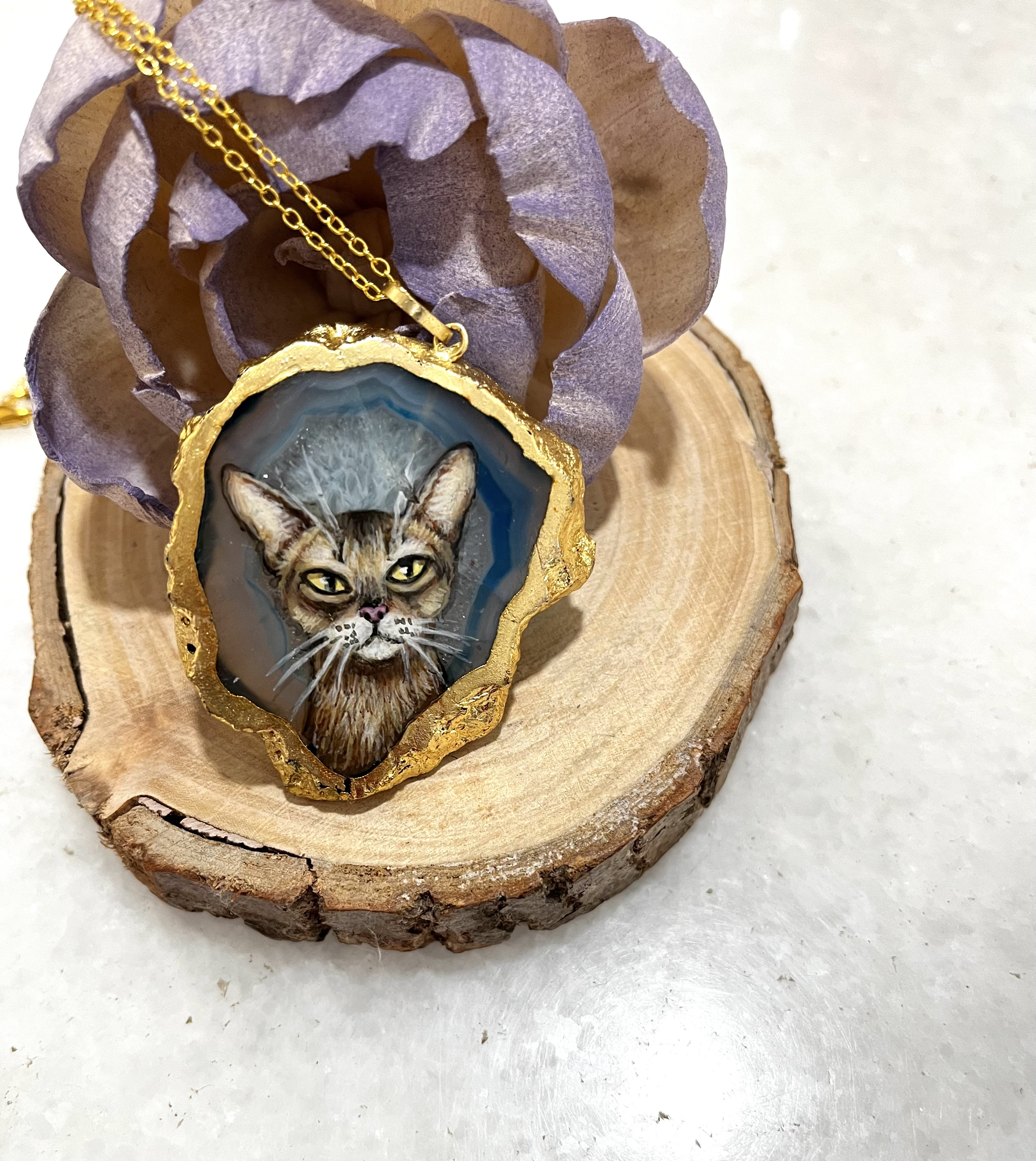 Handcrafted Cat agate stone pendant necklace -Fine Art Jewels for pet lovers