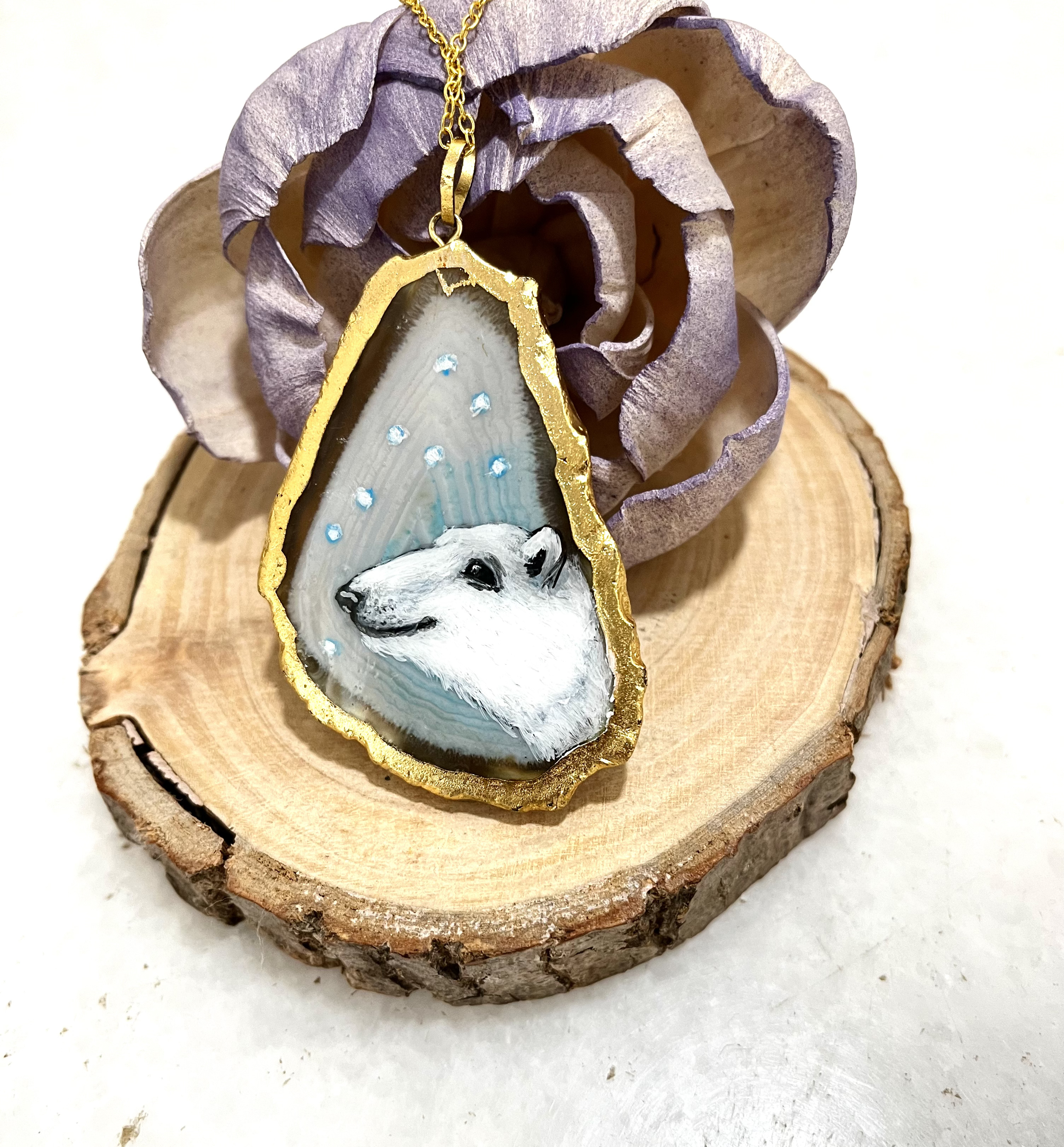 Hand-Painted Polar Bear Agate stone Pendant