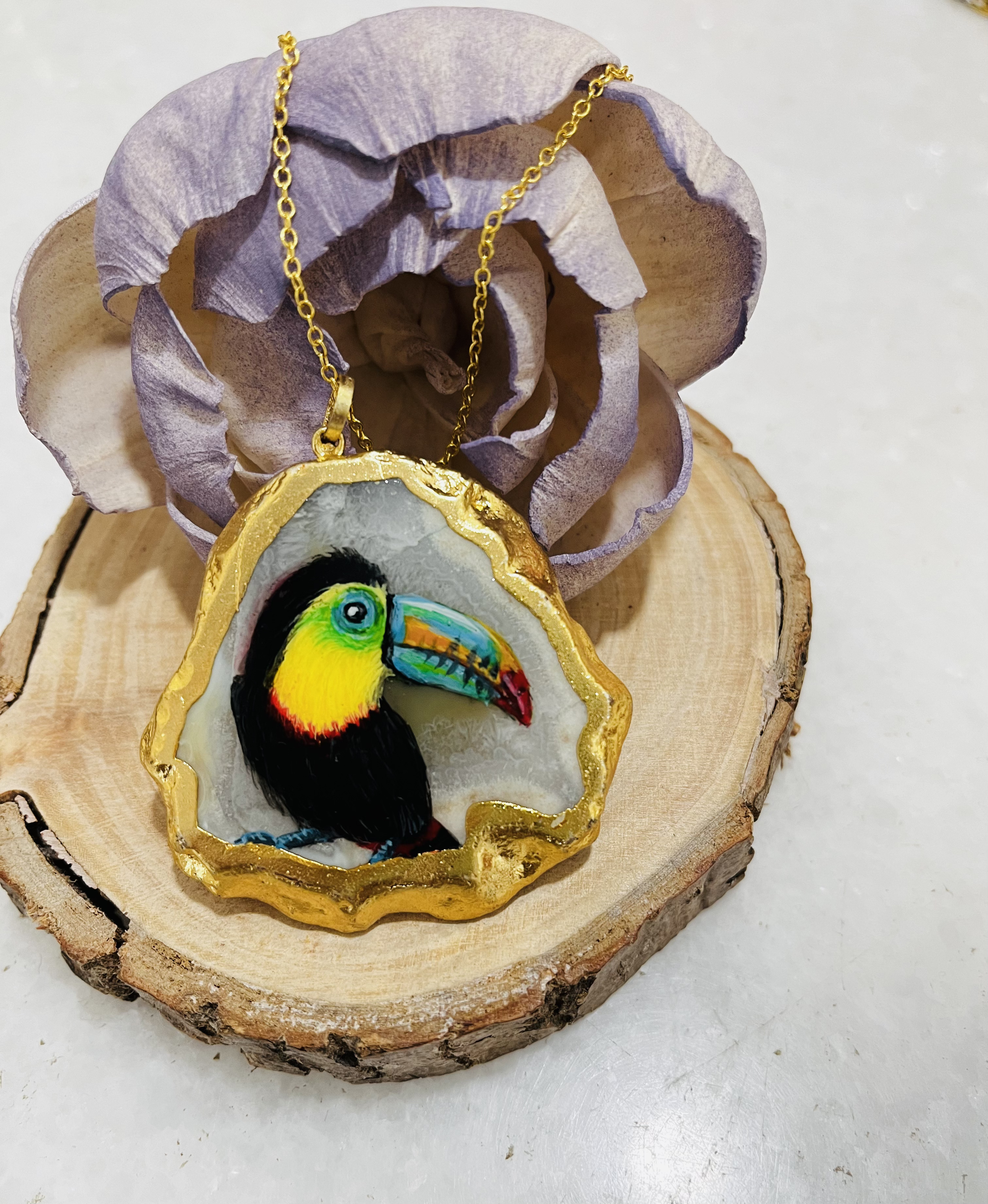 Hand-painted Toucan Agate Pendant necklace- a gift for bird lovers