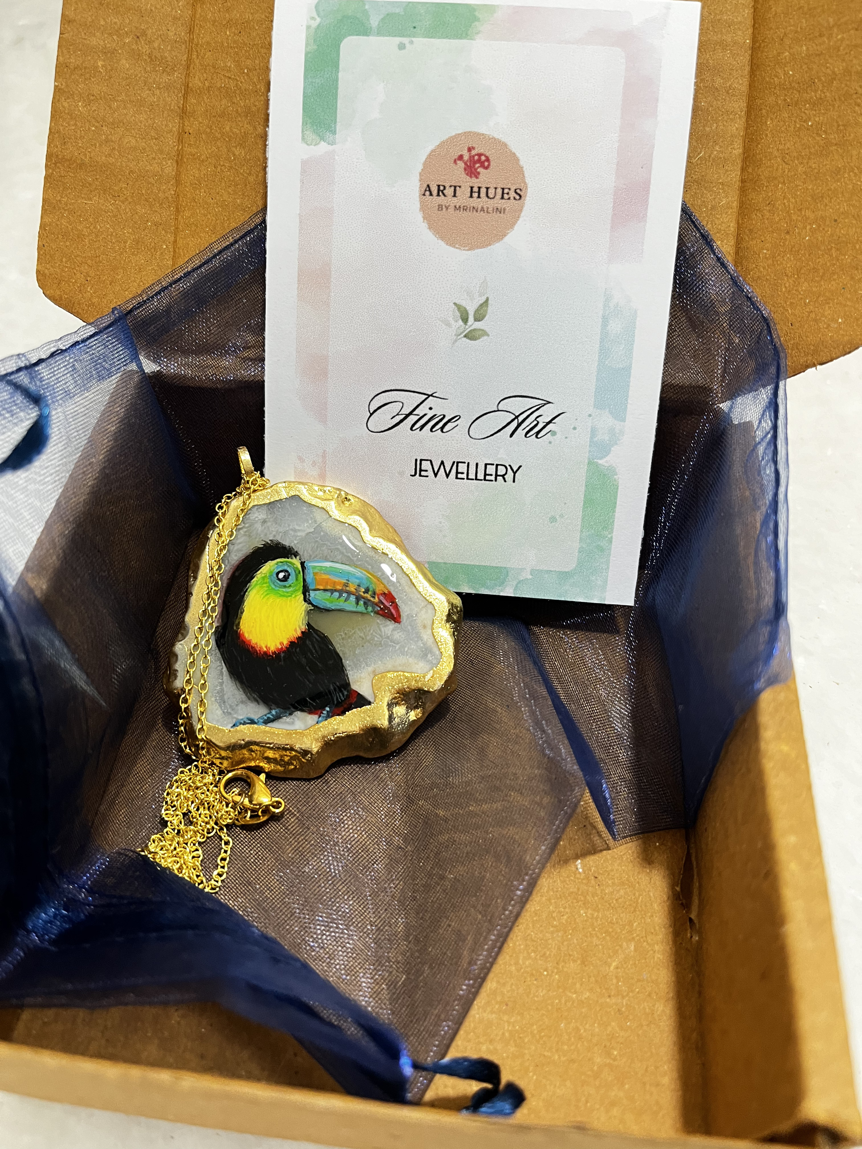 Hand-painted Toucan Agate Pendant necklace- a gift for bird lovers