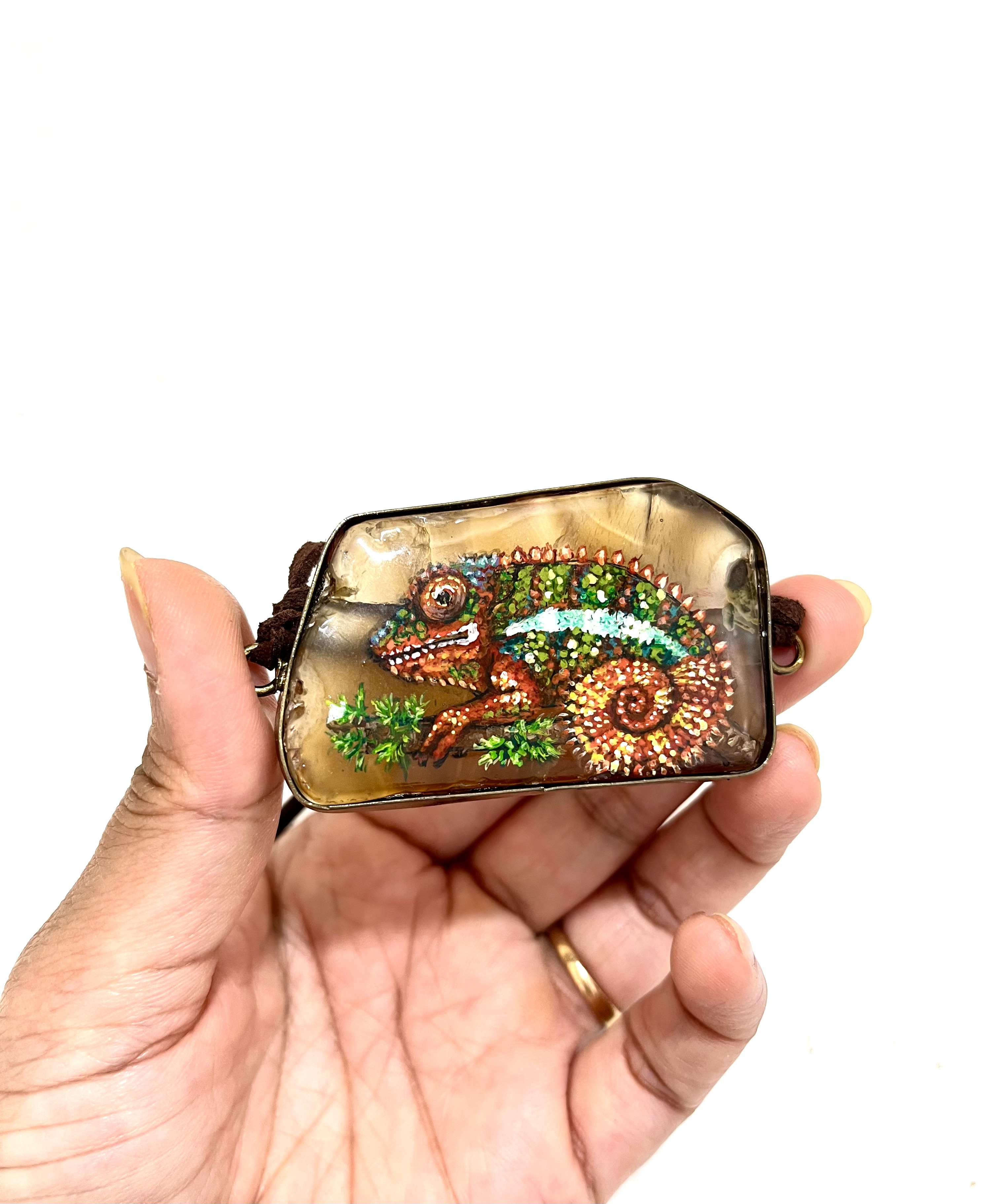Panther Chameleon hand painted agate pendant necklace