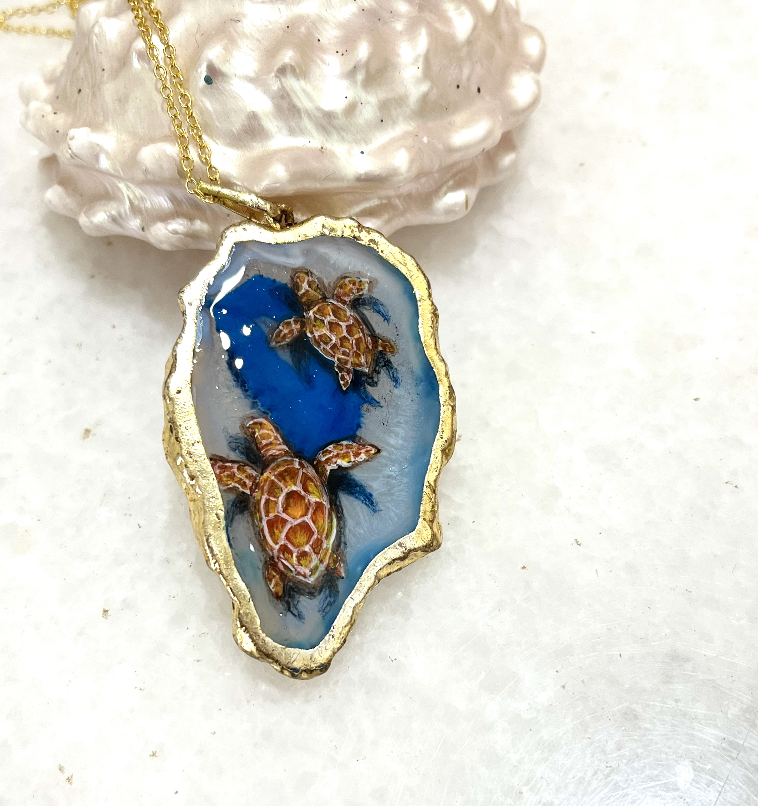 Handcrafted Sea Turtle Pendant - hand painted agate jewellery, gifts for ocean lover