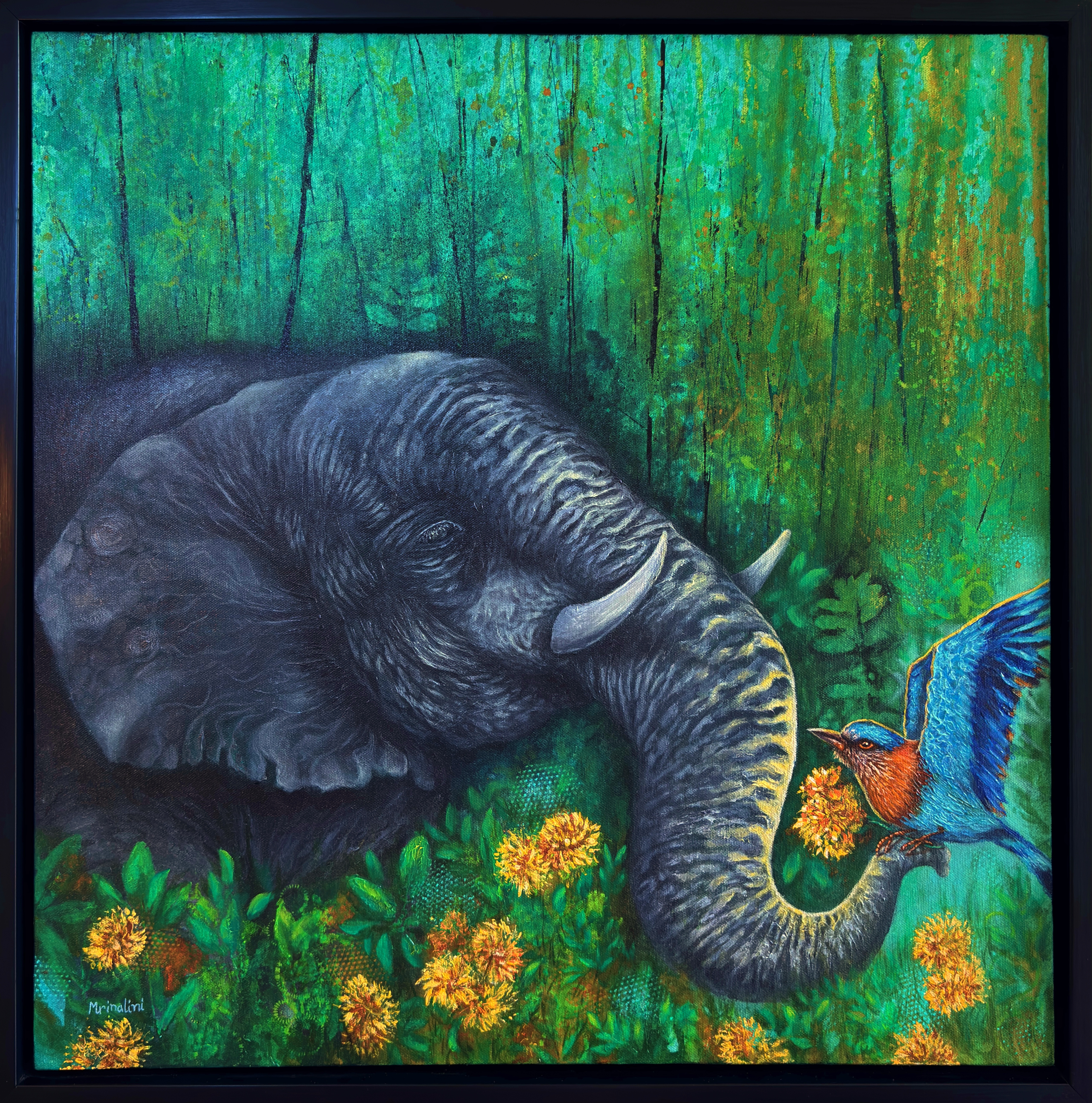 Elephant & Indian Roller bird painting on friendship, abstract realism contemporary wildlife wall art