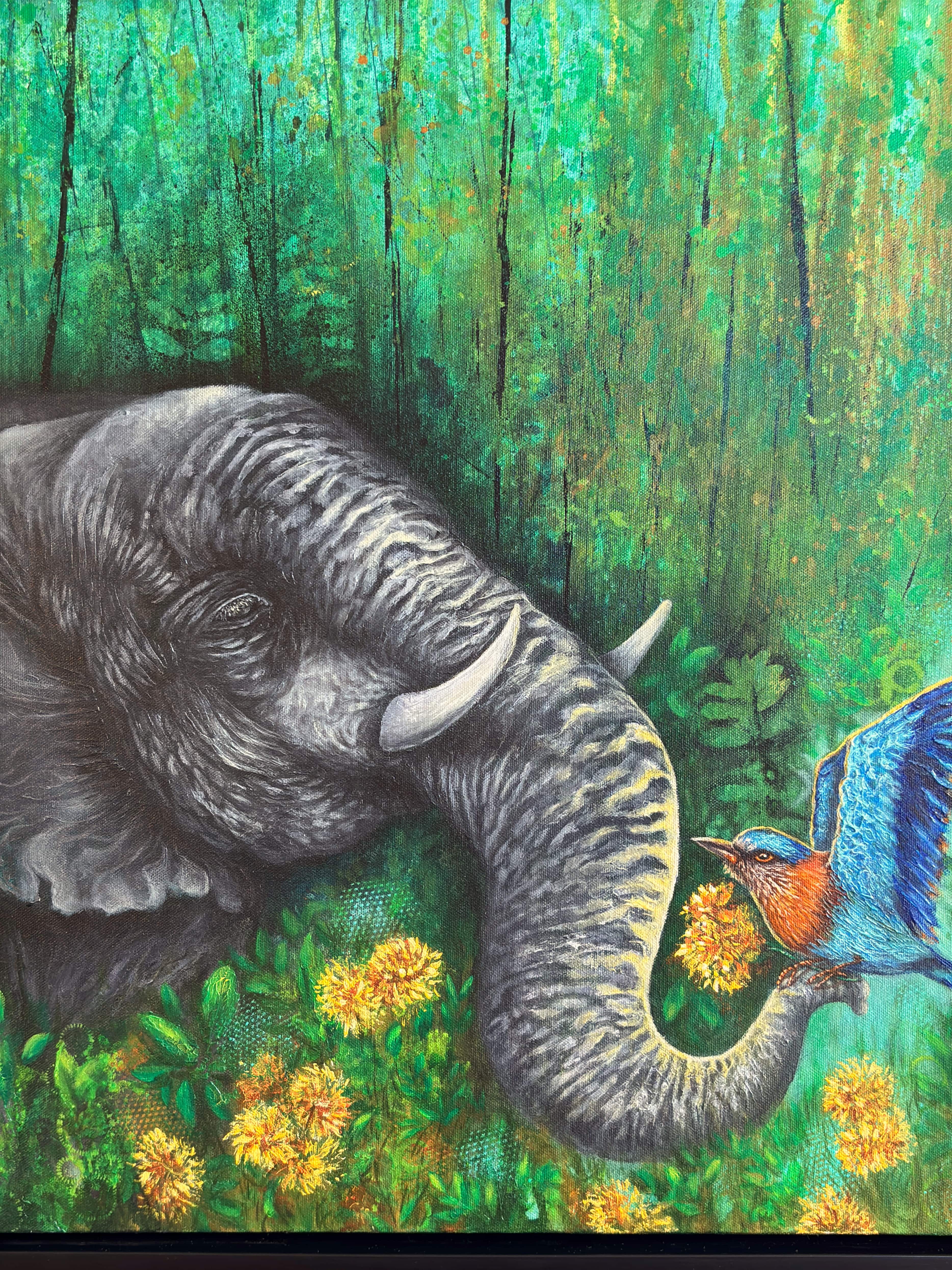 Elephant & Indian Roller bird painting on friendship, abstract realism contemporary wildlife wall art