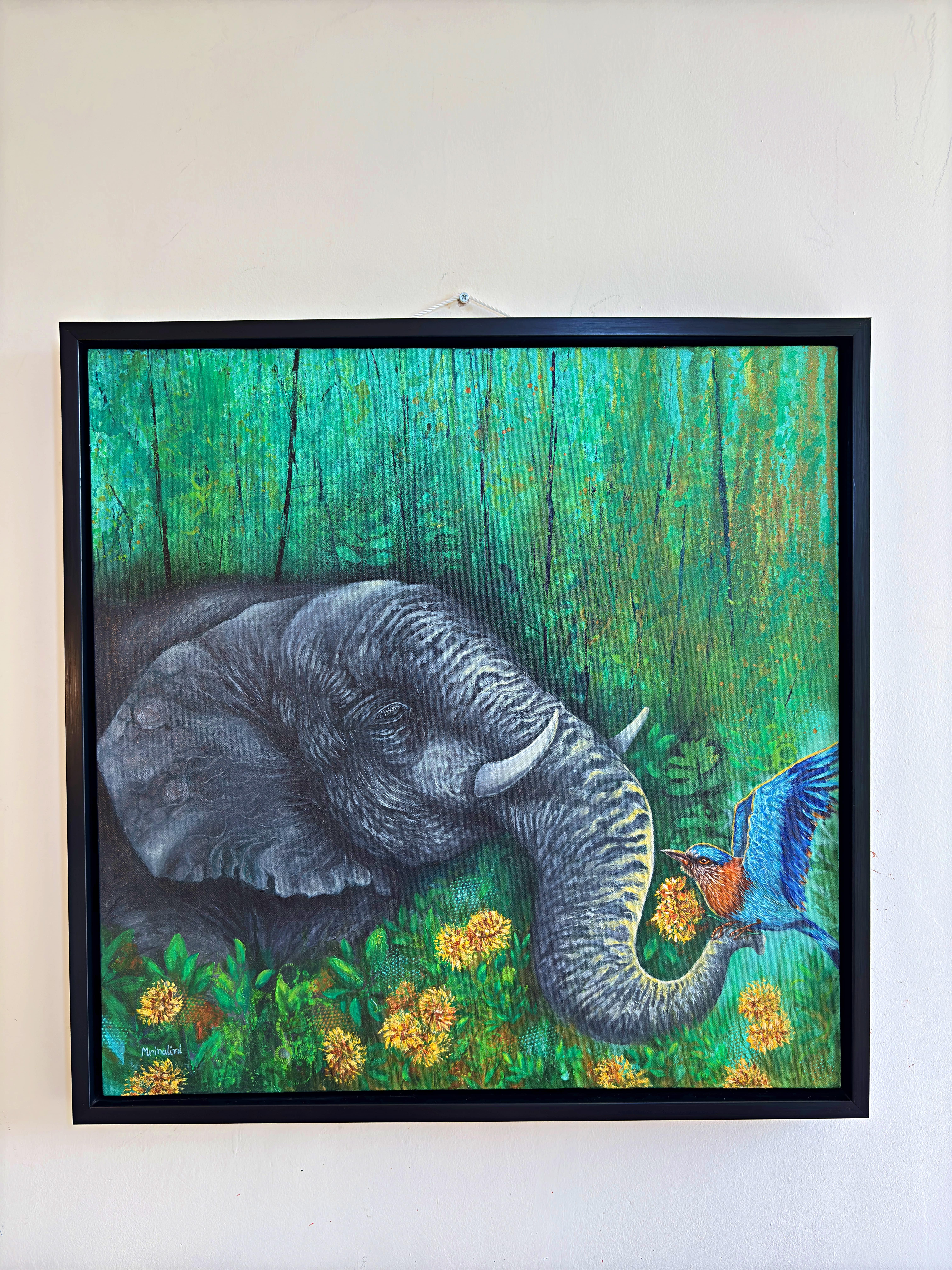 Elephant & Indian Roller bird painting on friendship, abstract realism contemporary wildlife wall art